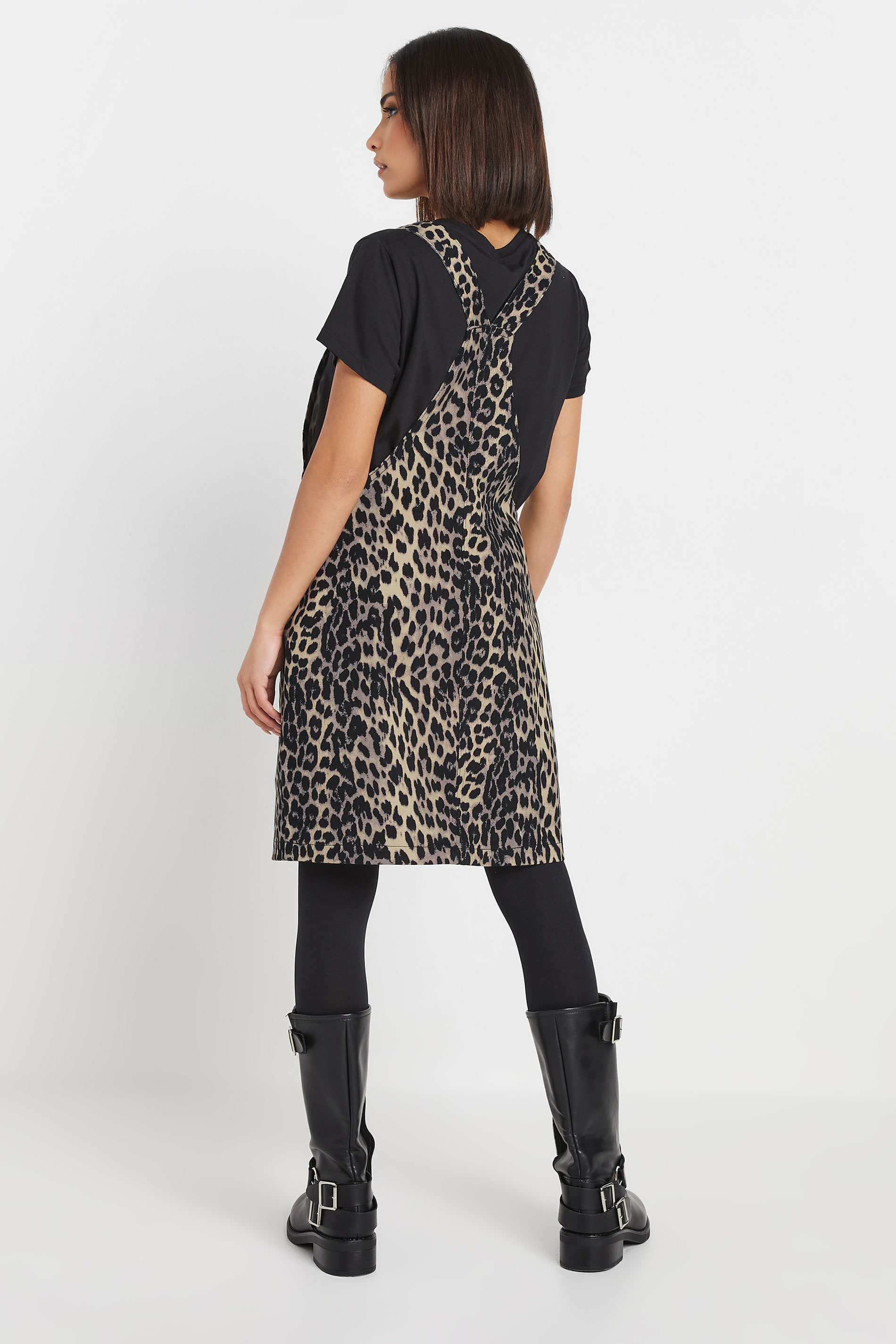PixieGirl Petite Women's Natural Brown Leopard Print Denim Pinafore | PixieGirl 3