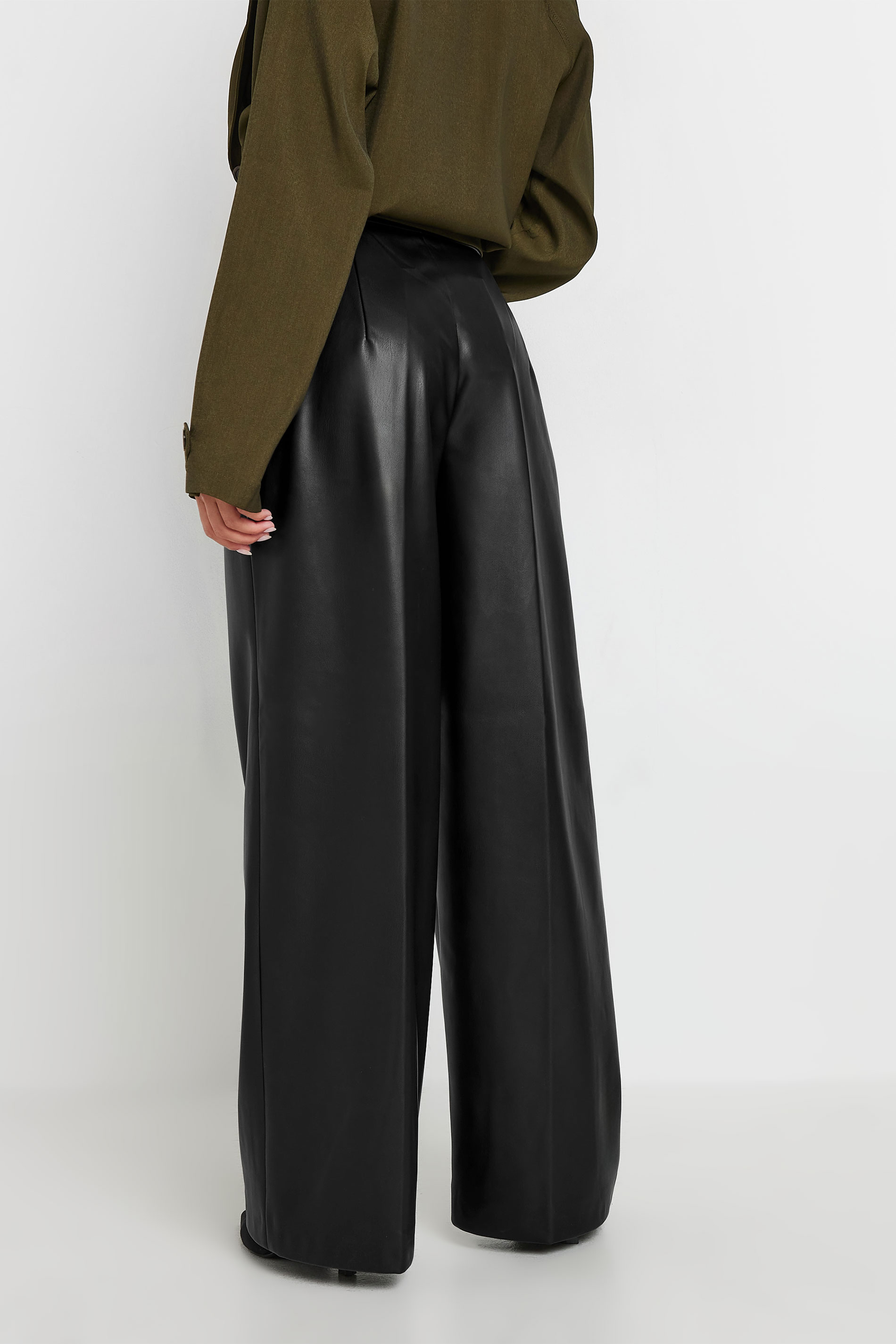 PixieGirl Petite Women's Black Faux Leather Wide Leg Trousers | PixieGirl 4