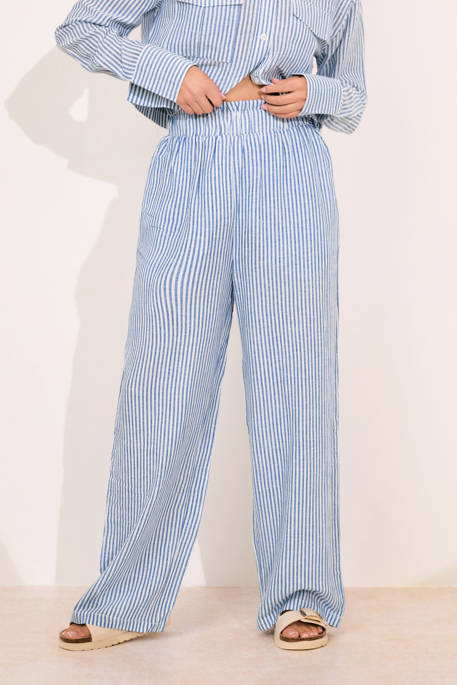 PixieGirl Petite Women's Blue Linen Striped Wide Leg Trousers | PixieGirl 2
