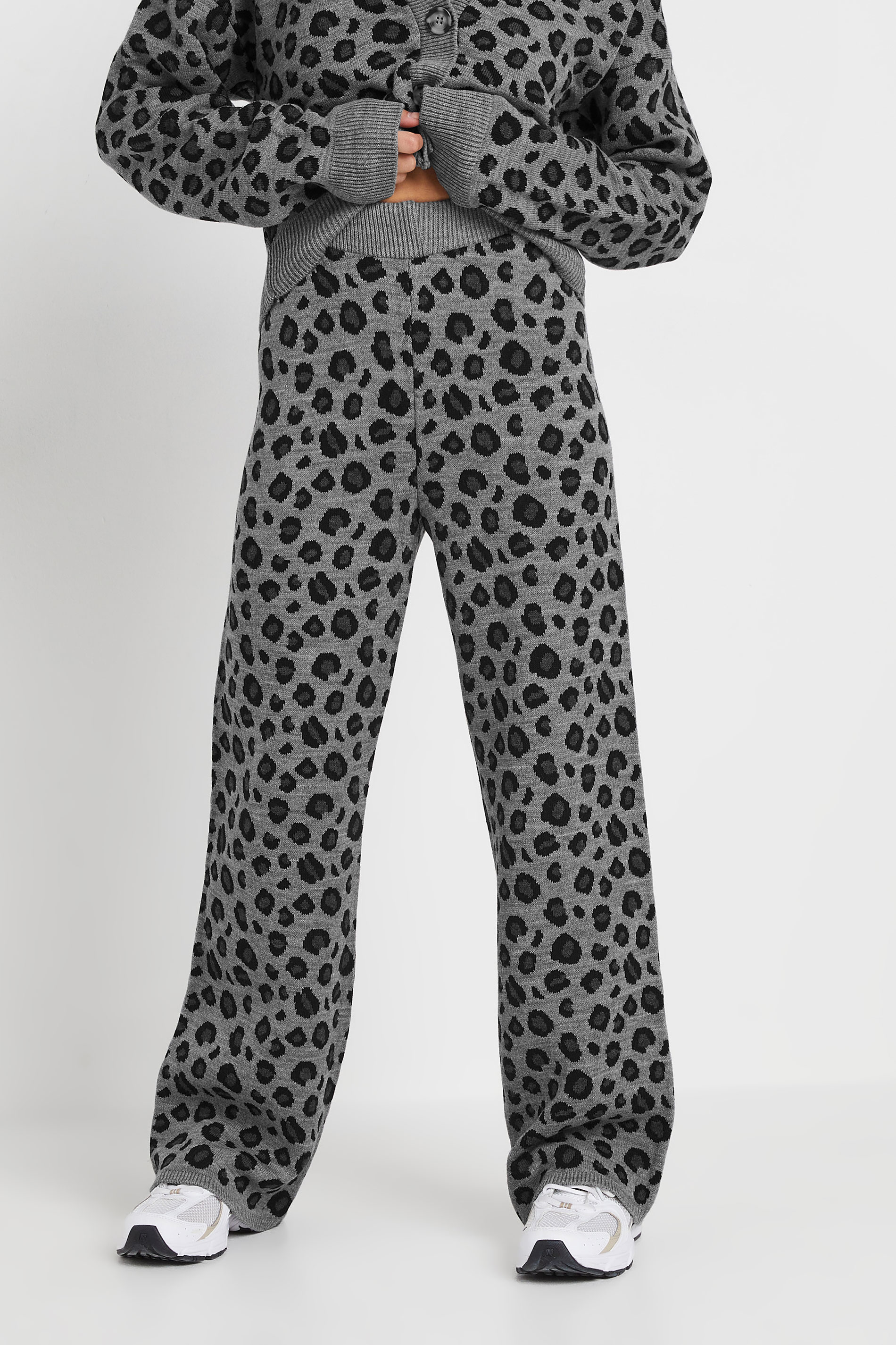 PixieGirl Petite Women's Grey Leopard Print Wide Leg Trousers | PixieGirl 3