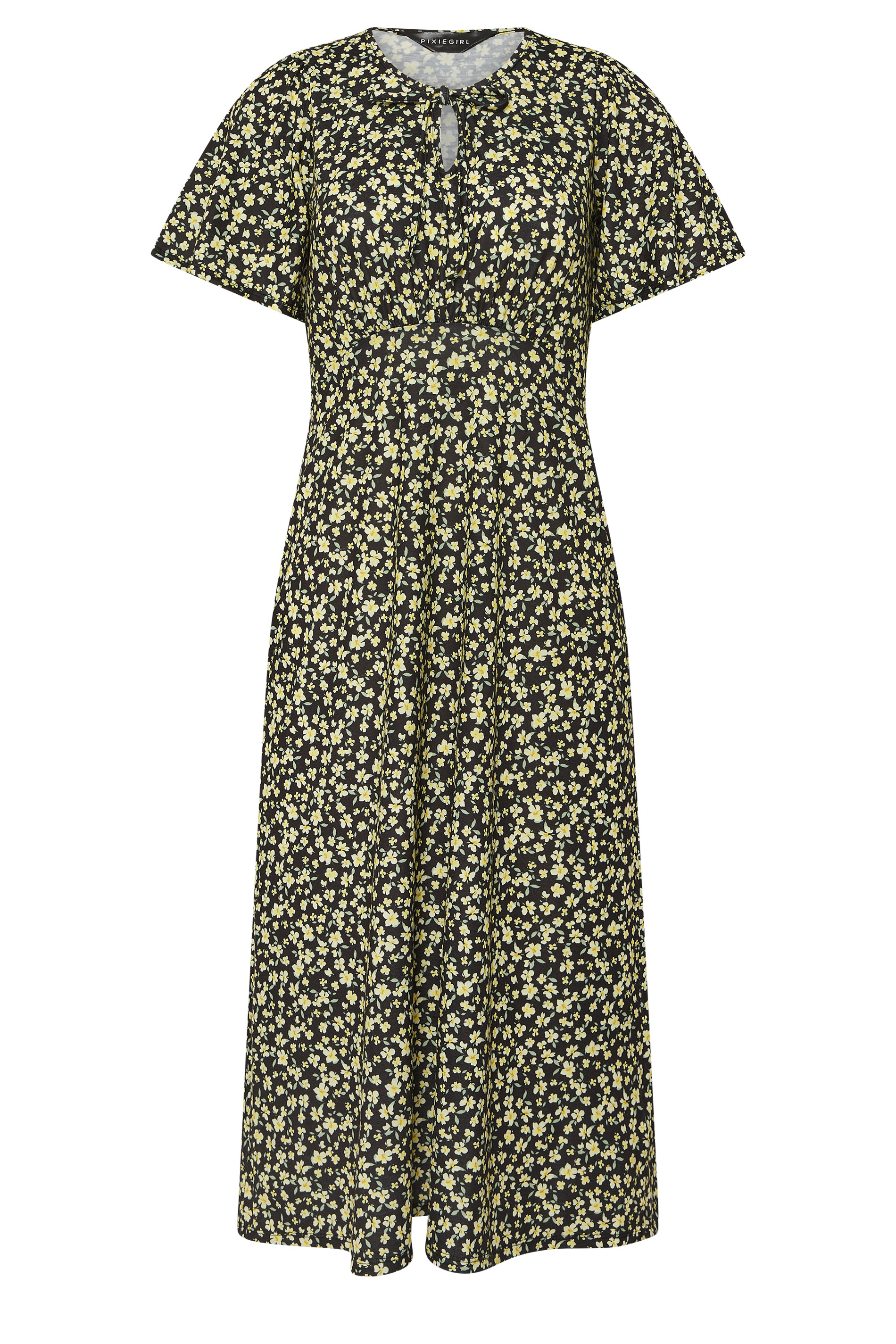 PixieGirl Petite Women's Black Ditsy Tie Neck Midi Dress | PixieGirl 5