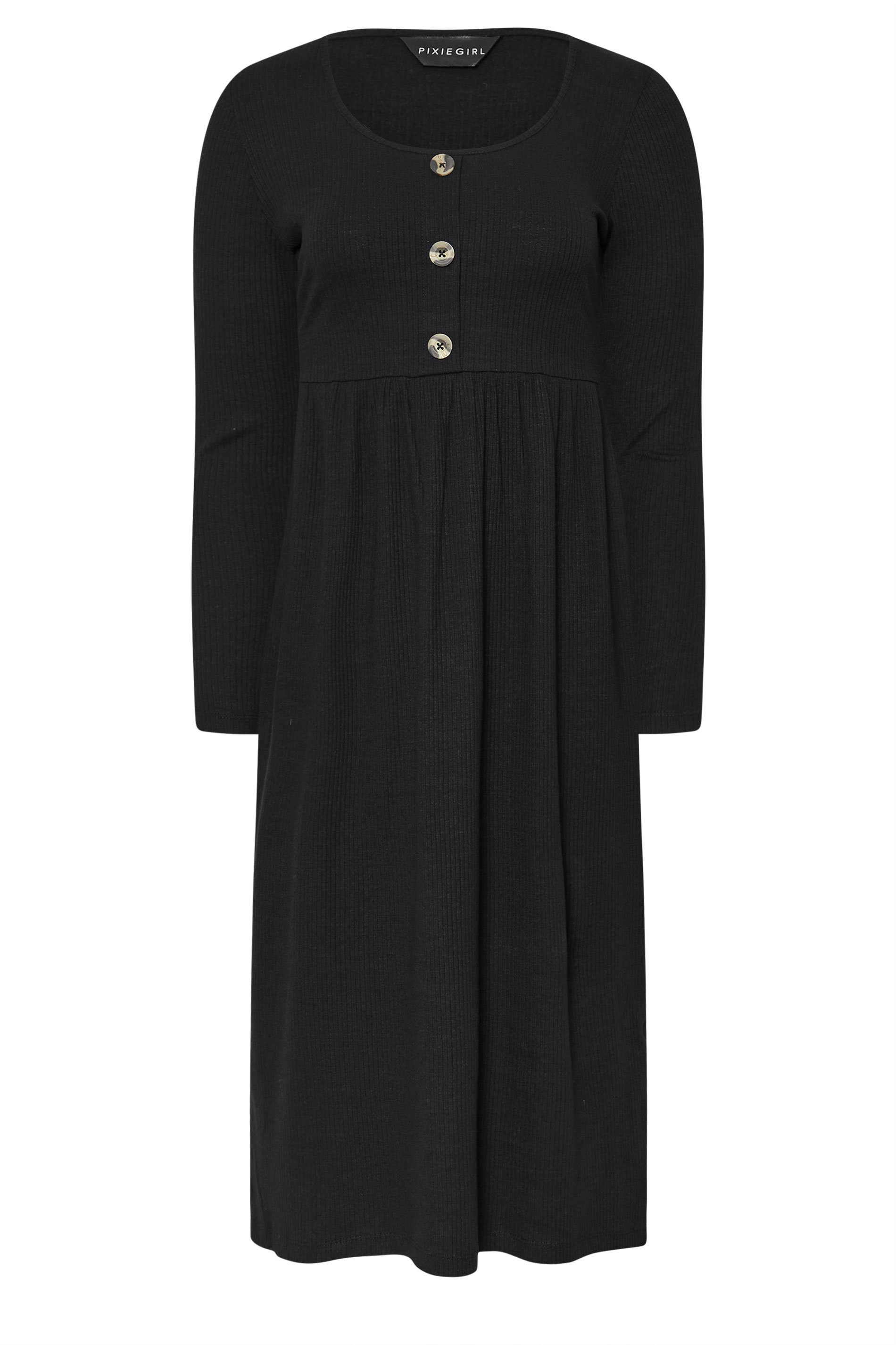 PixieGirl Petite Women's Black Ribbed Button Midaxi Dress | PixieGirl 5