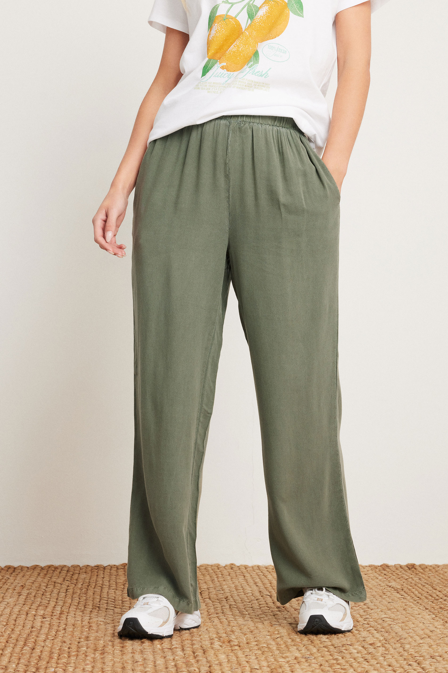 PixieGirl Petite Women's Khaki Green Acid Wash Wide Leg Trousers | PixieGirl 4
