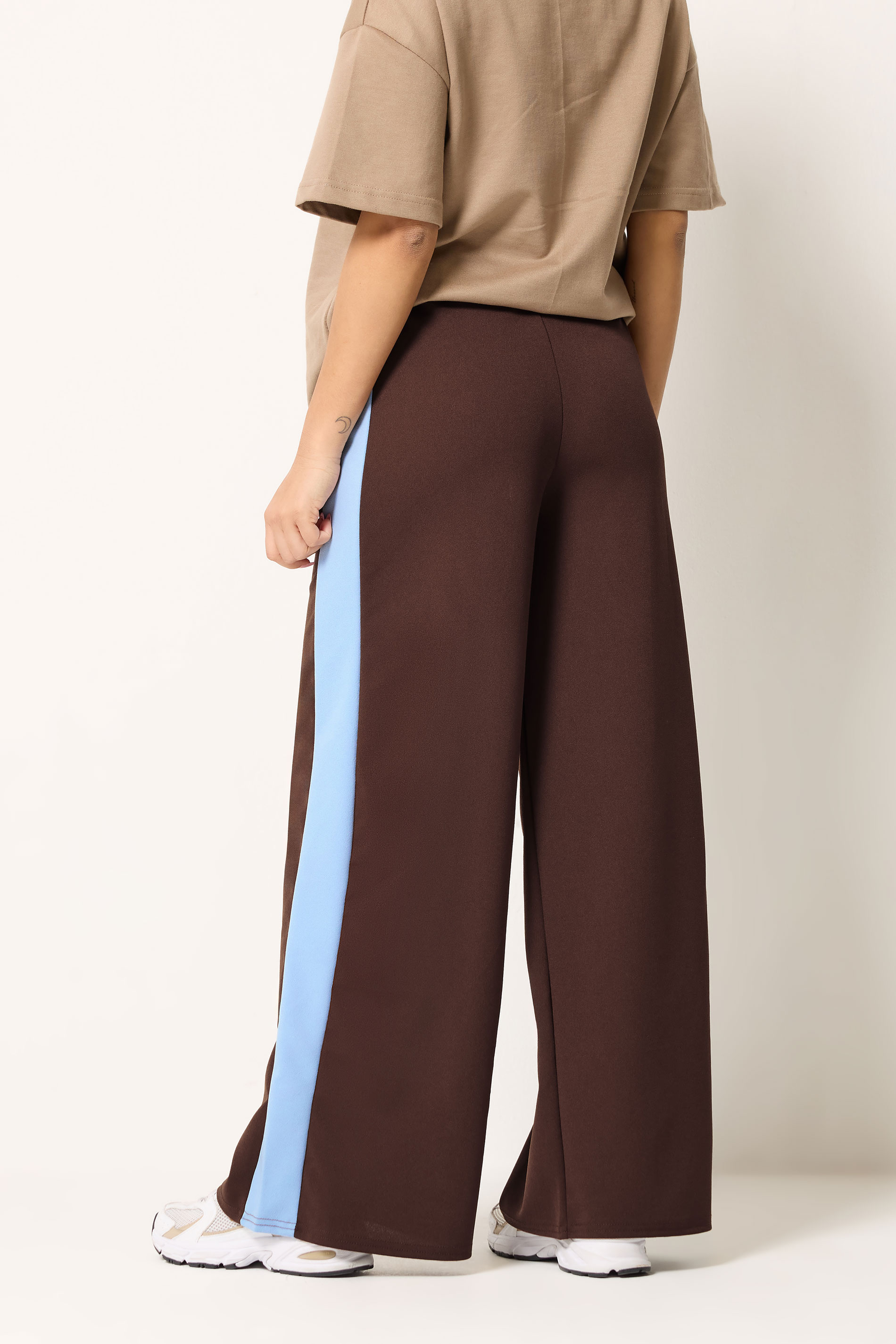 PixieGirl Petite Women's Chocolate Brown Side Stripe Scuba Wide Leg Trousers | PixieGirl 2