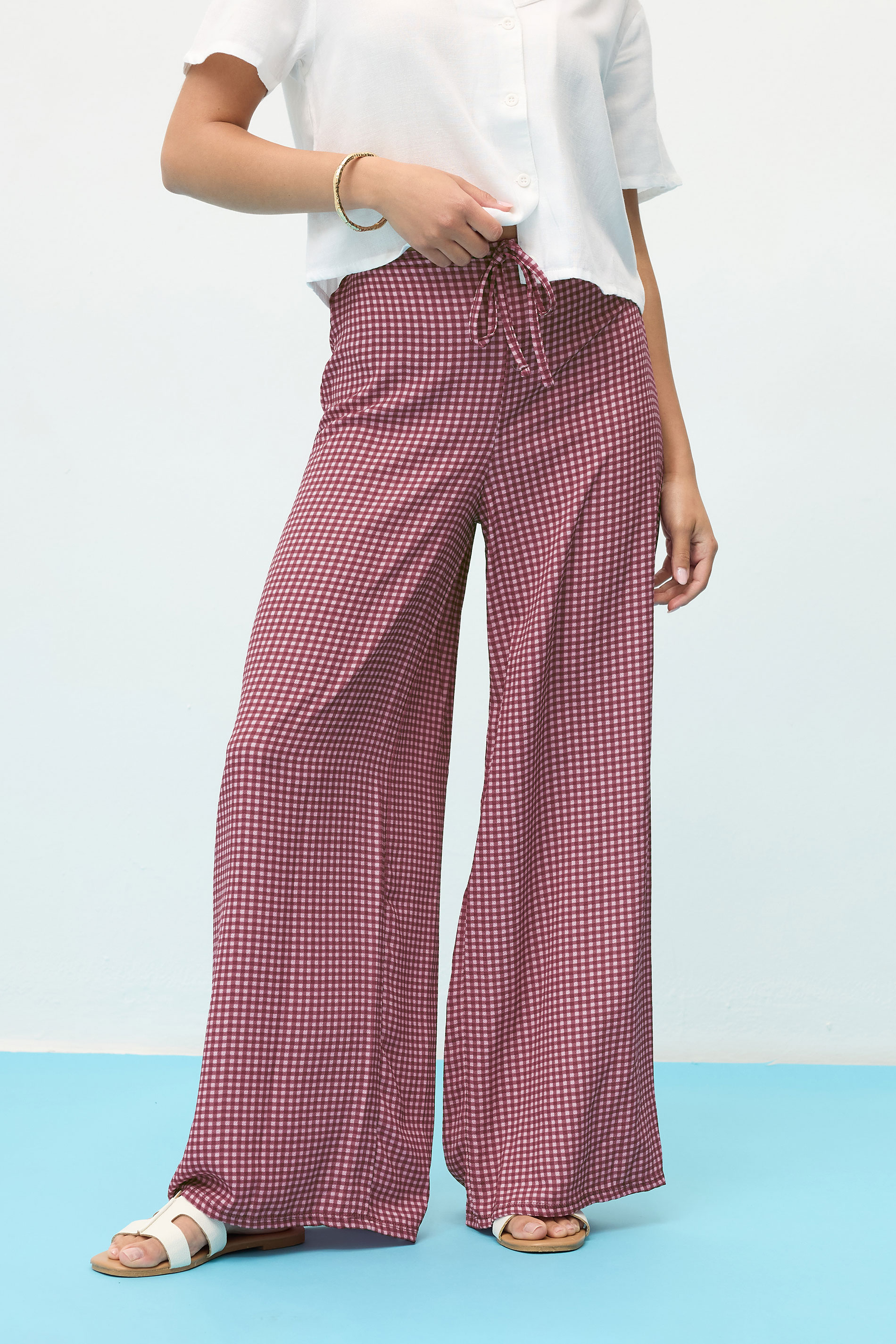 PixieGirl Petite Women's Pink Gingham Wide Leg Trousers | PixieGirl 2
