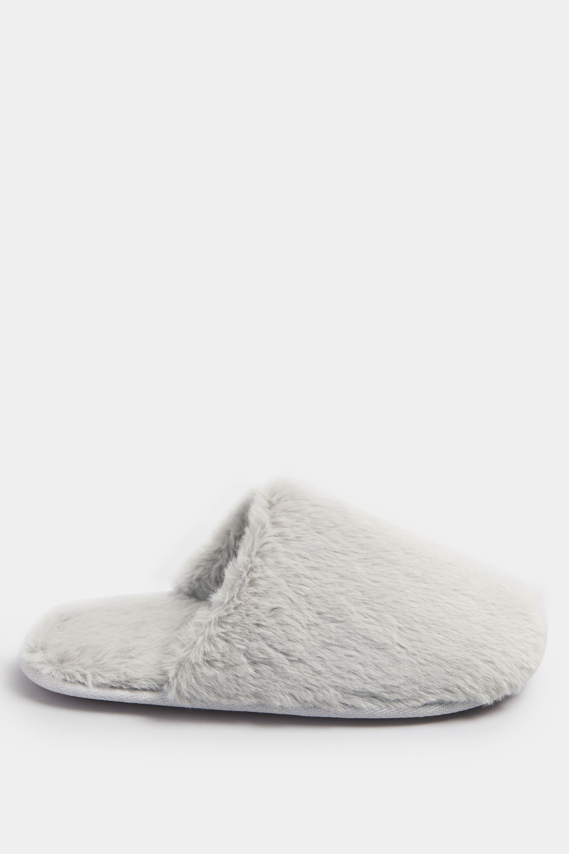 Grey Plush Faux Fur Mule Slippers | Yours Clothing 3