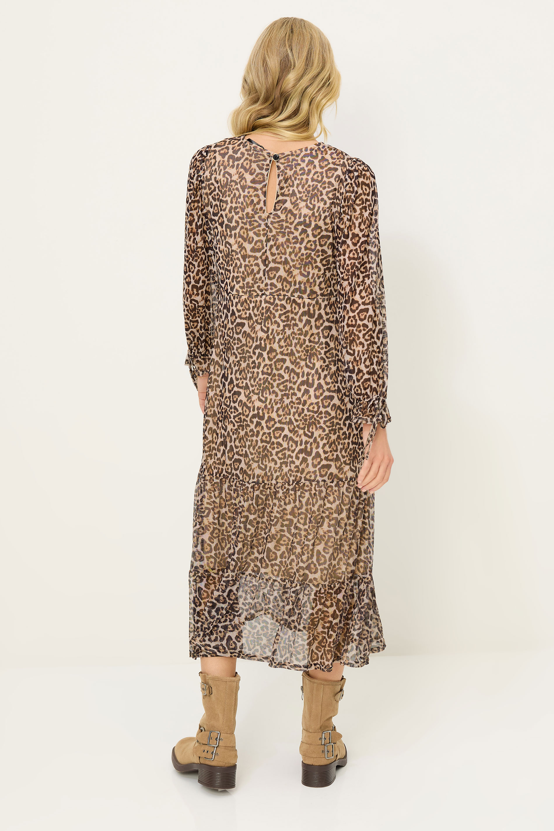 PixieGirl Petite Women's Beige Brown Leopard Print Mesh Tiered Dress | PixieGirl 3