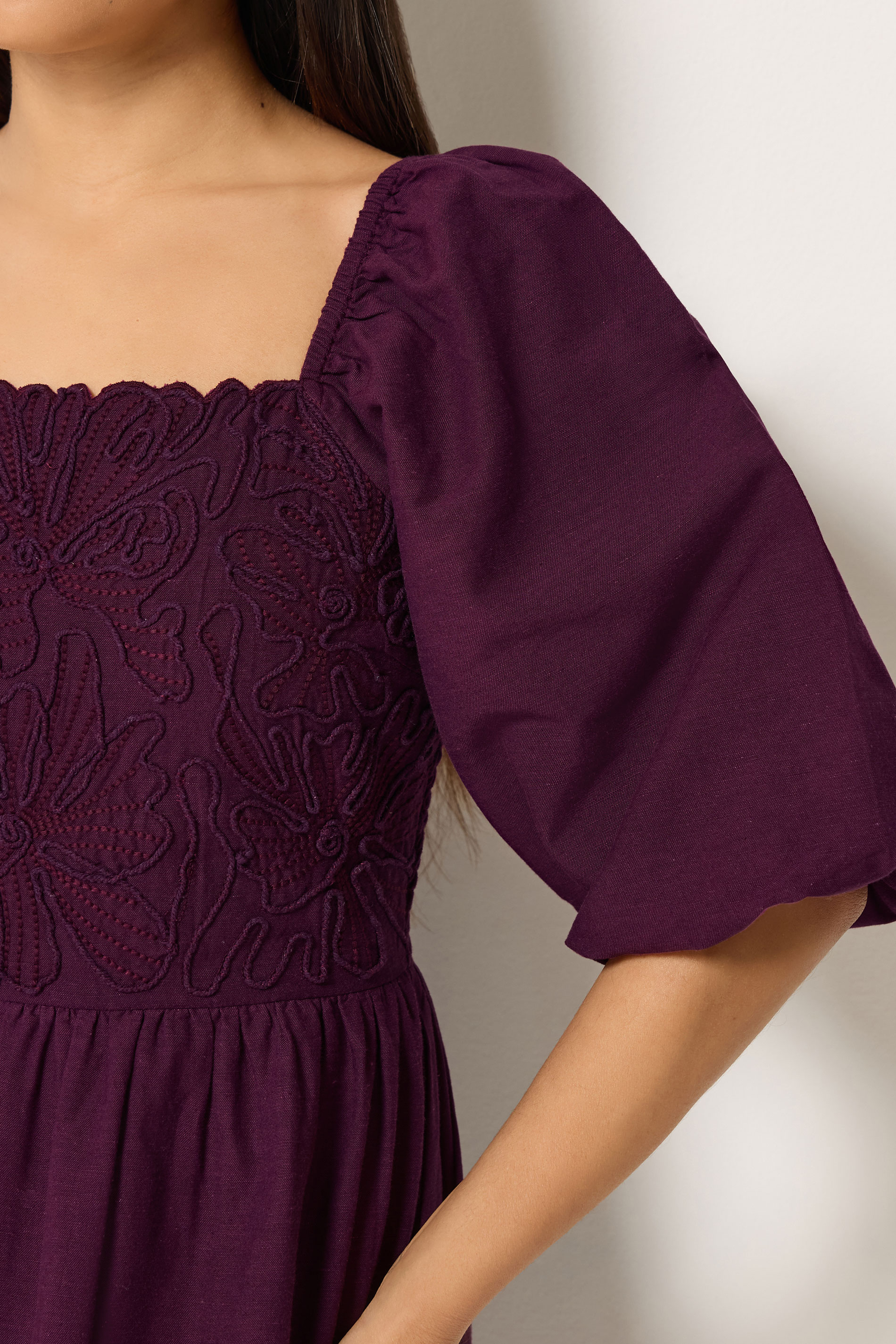 M&Co Petite Berry Purple Short Sleeve Embroidered Trim Maxi Dress | M&Co 4