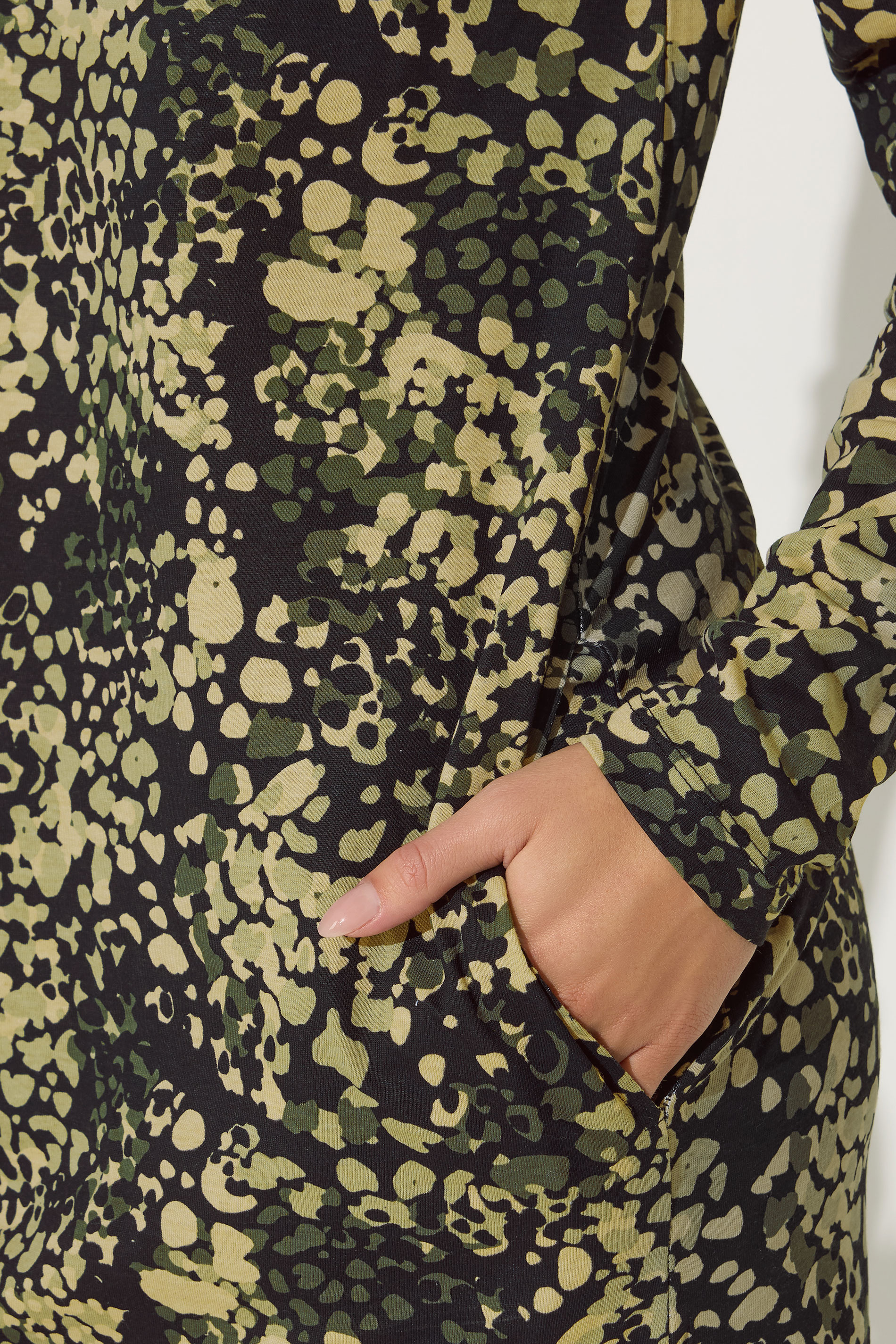 PixieGirl Petite Women's Khaki Green Abstract Animal Long Sleeve T-Shirt Dress | PixieGirl 5