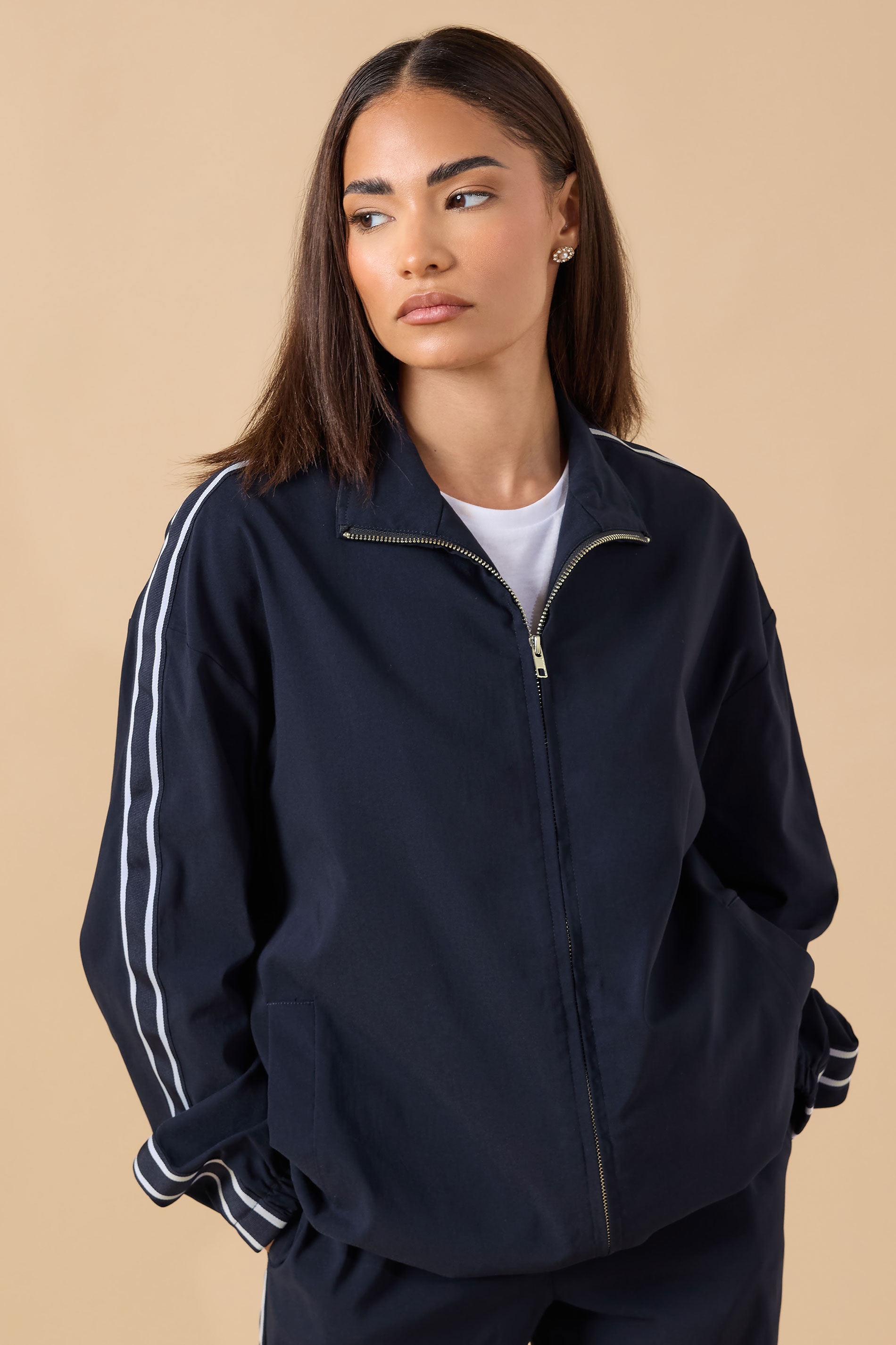 PixieGirl Petite Women's Navy Blue Side Stripe Zip Jacket | PixieGirl 1
