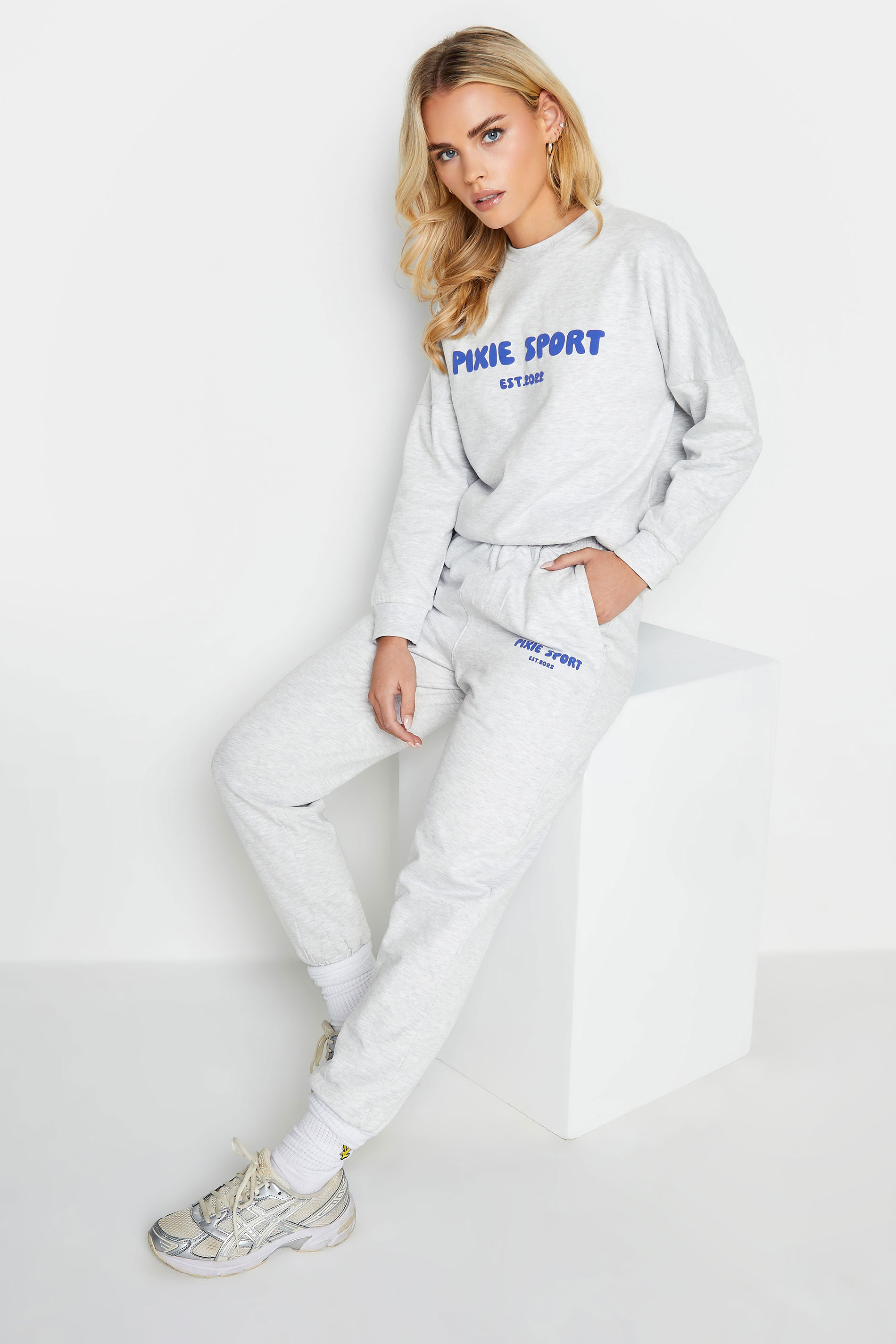 PixieGirl Petite Womens Grey 'Pixie Sport' Slogan Sweatshirt & Jogger Set | PixieGirl 1