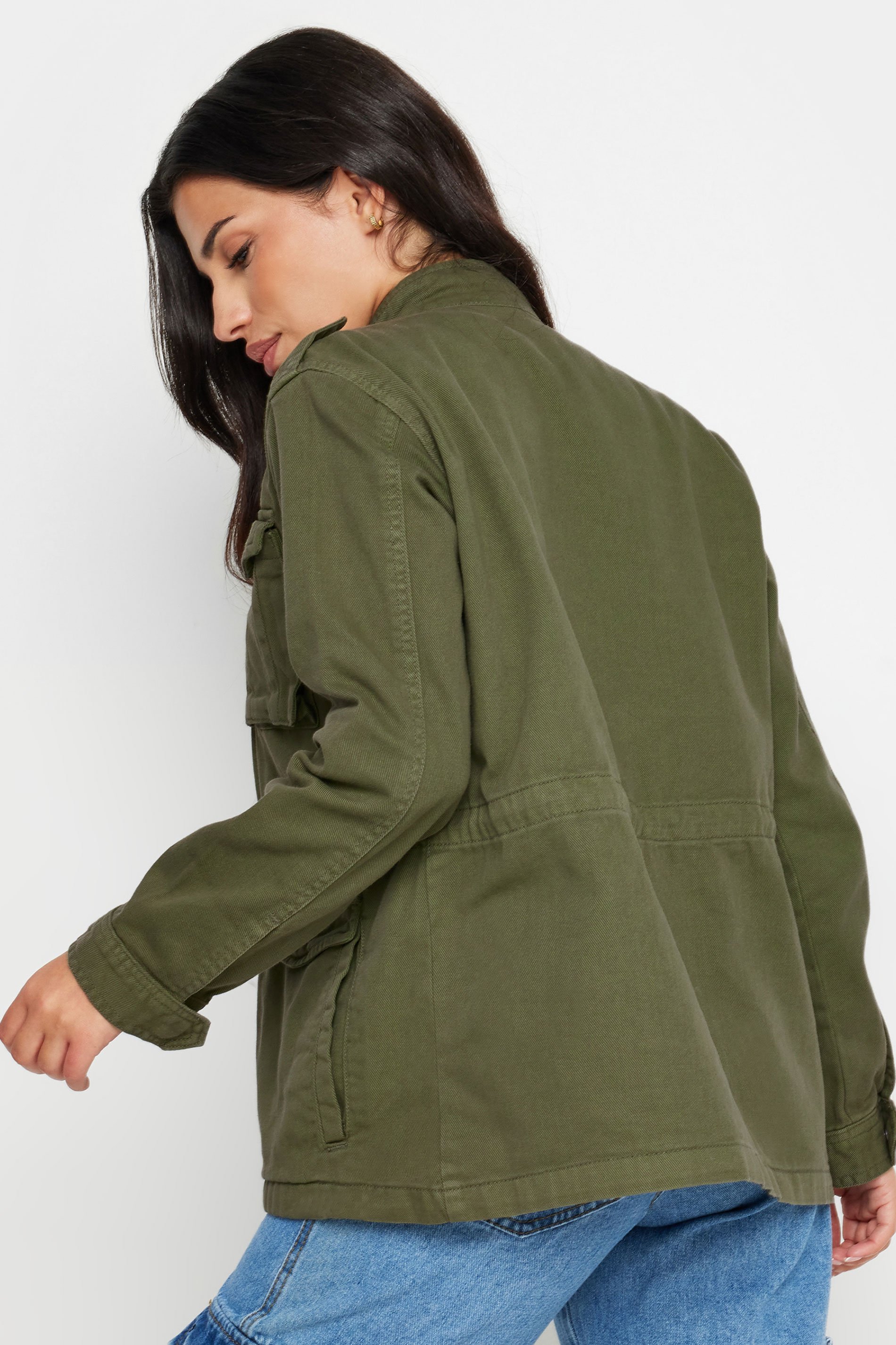 PixieGirl Petite Women's Olive Green Utility Style Denim Jacket | PixieGirl 4