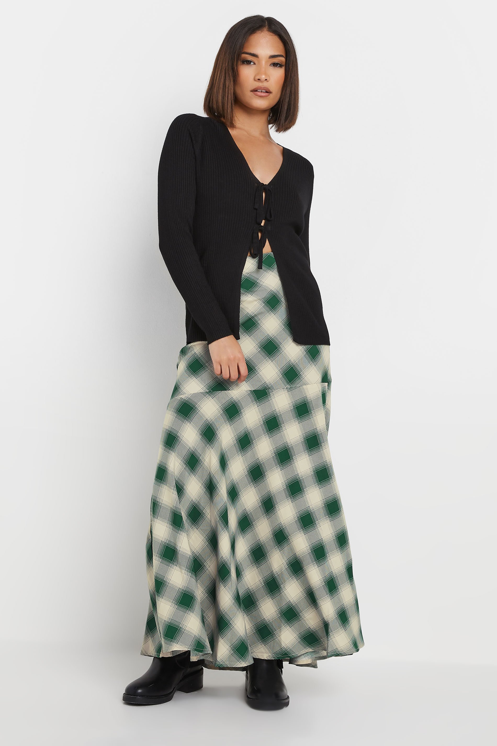 PixieGirl Petite Women's Dark Green Blurred Check Maxi Skirt | PixieGirl 1