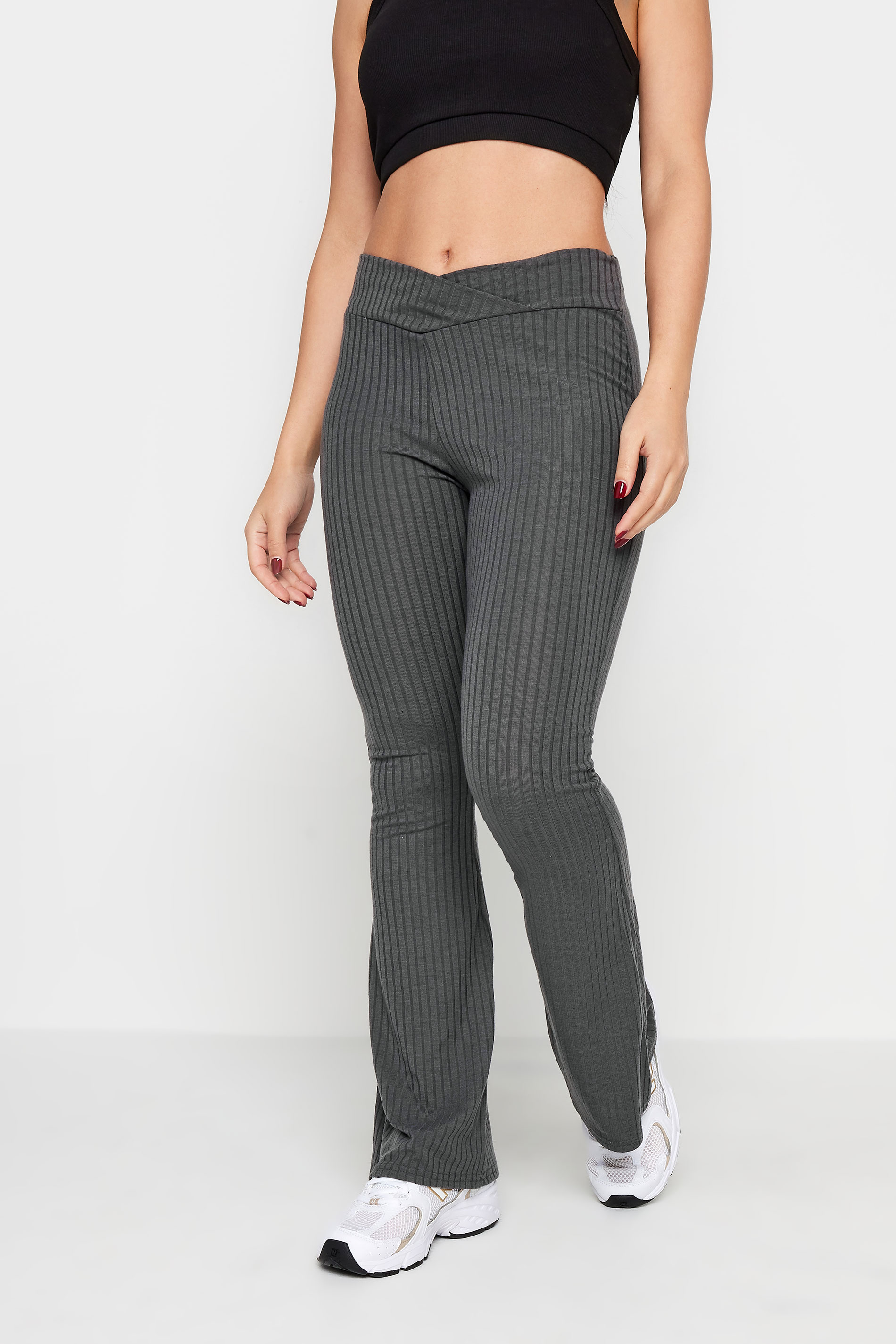 PixieGirl Grey V-Waist Ribbed Flare Trousers | PixieGirl 2