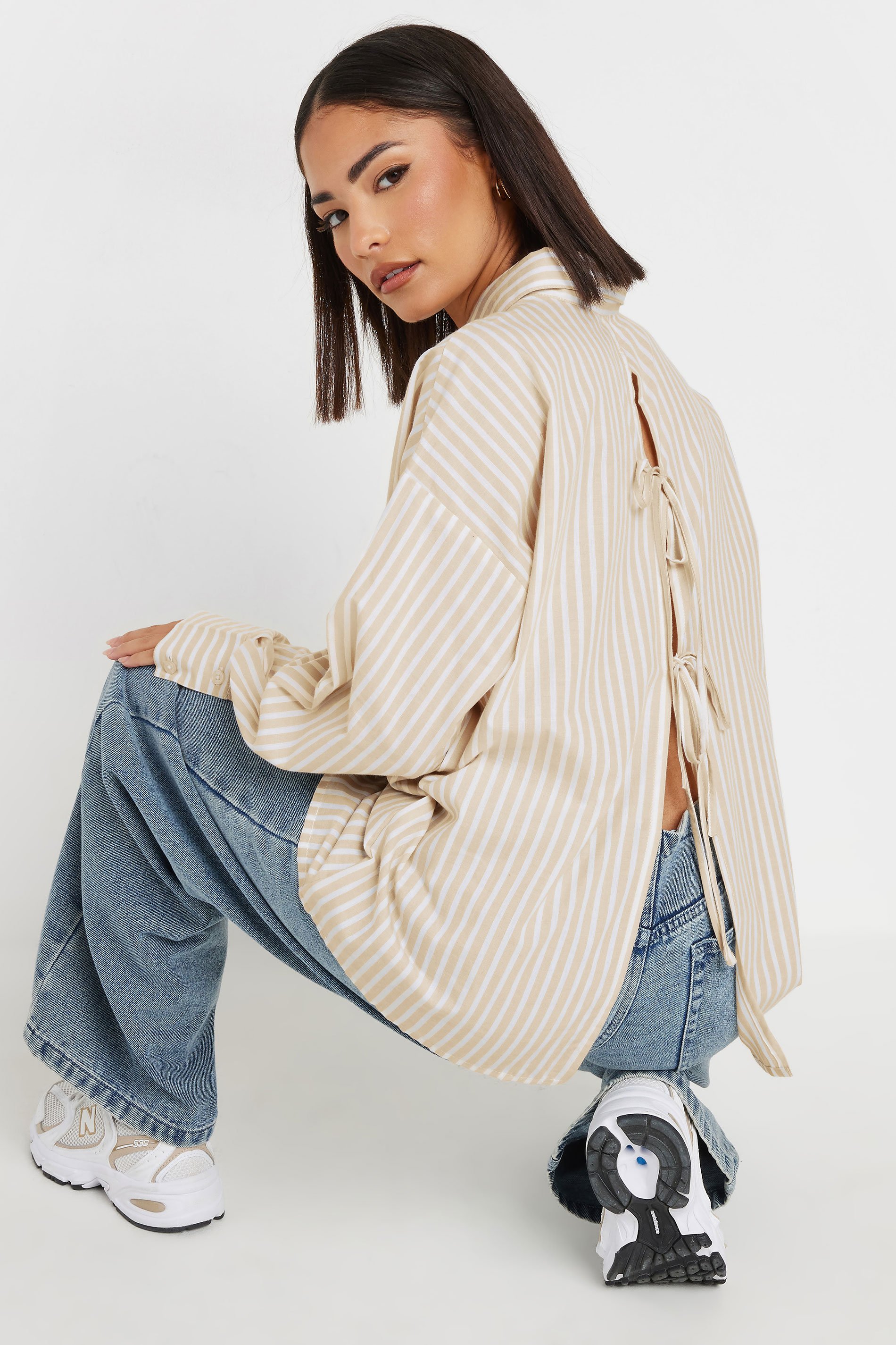 PixieGirl Petite Women's Stone Brown Stripe Tie Back Shirt | PixieGirl 1