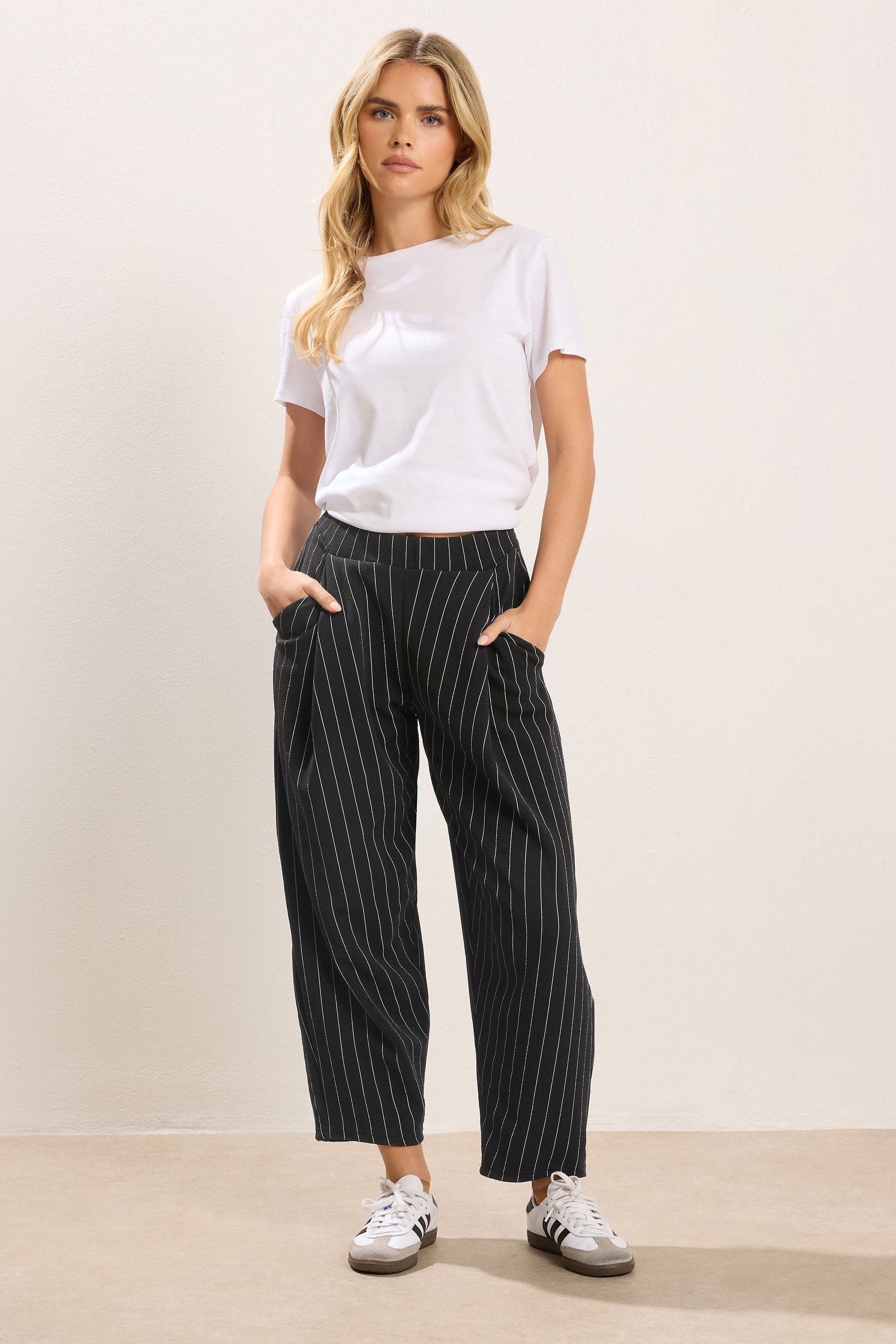 PixieGirl Petite Womens Black Stripe Barrel Leg Trousers | PixieGirl 1