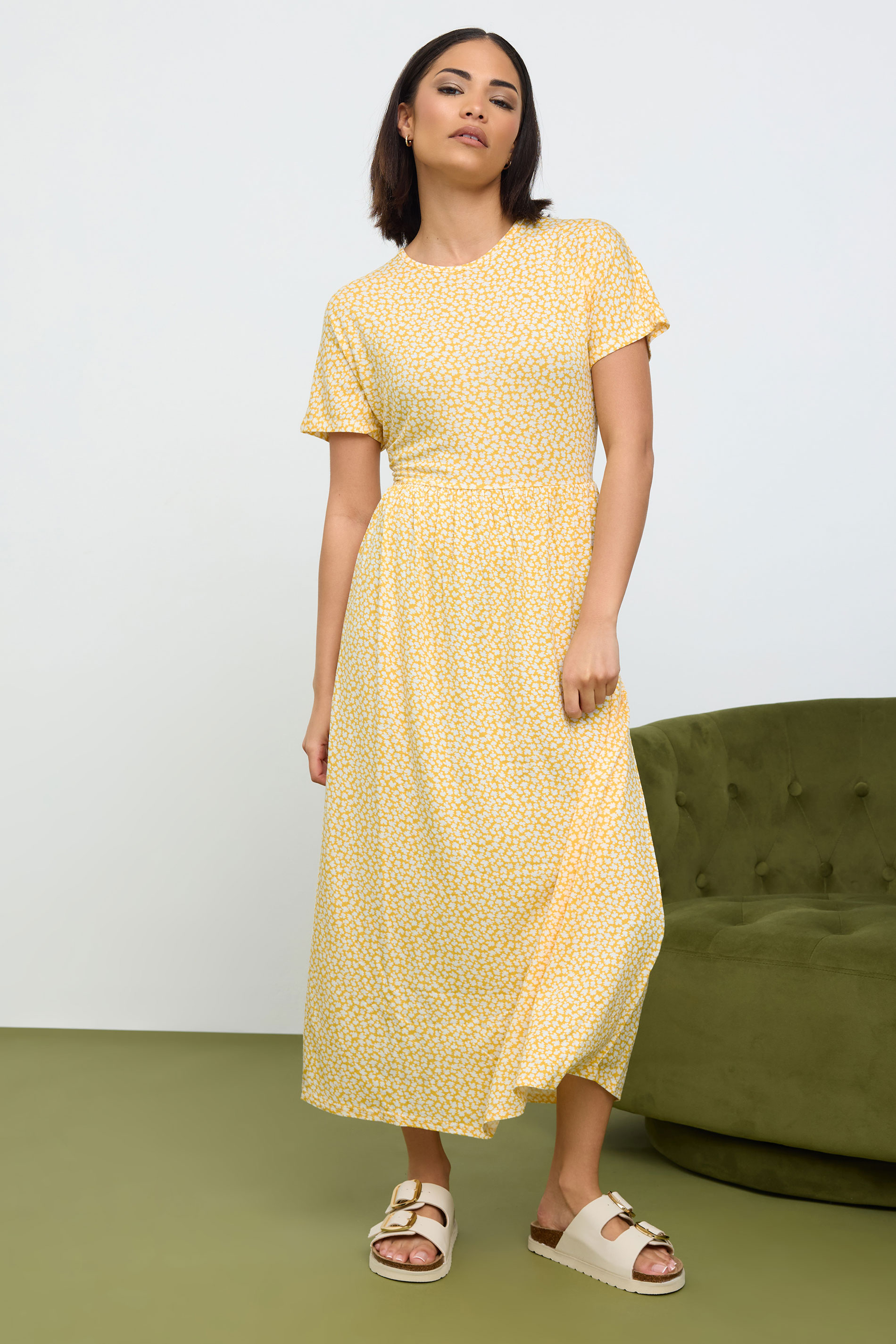 PixieGirl Petite Women's Yellow Ditsy Floral Print Midi Smock Dress | PixieGirl 1