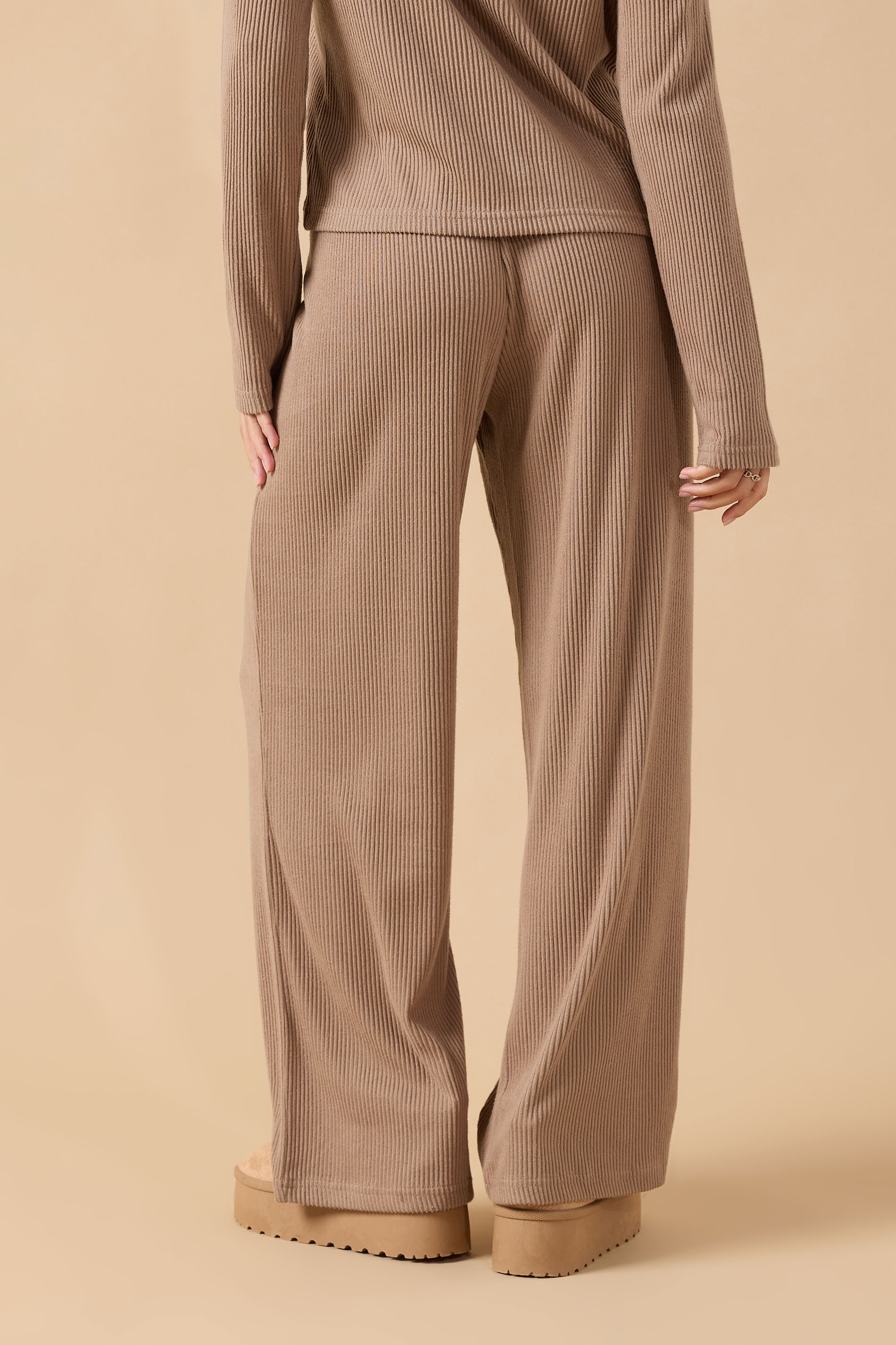 PixieGirl Petite Women's Camel Brown Ribbed Wide Leg Trousers | PixieGirl 4