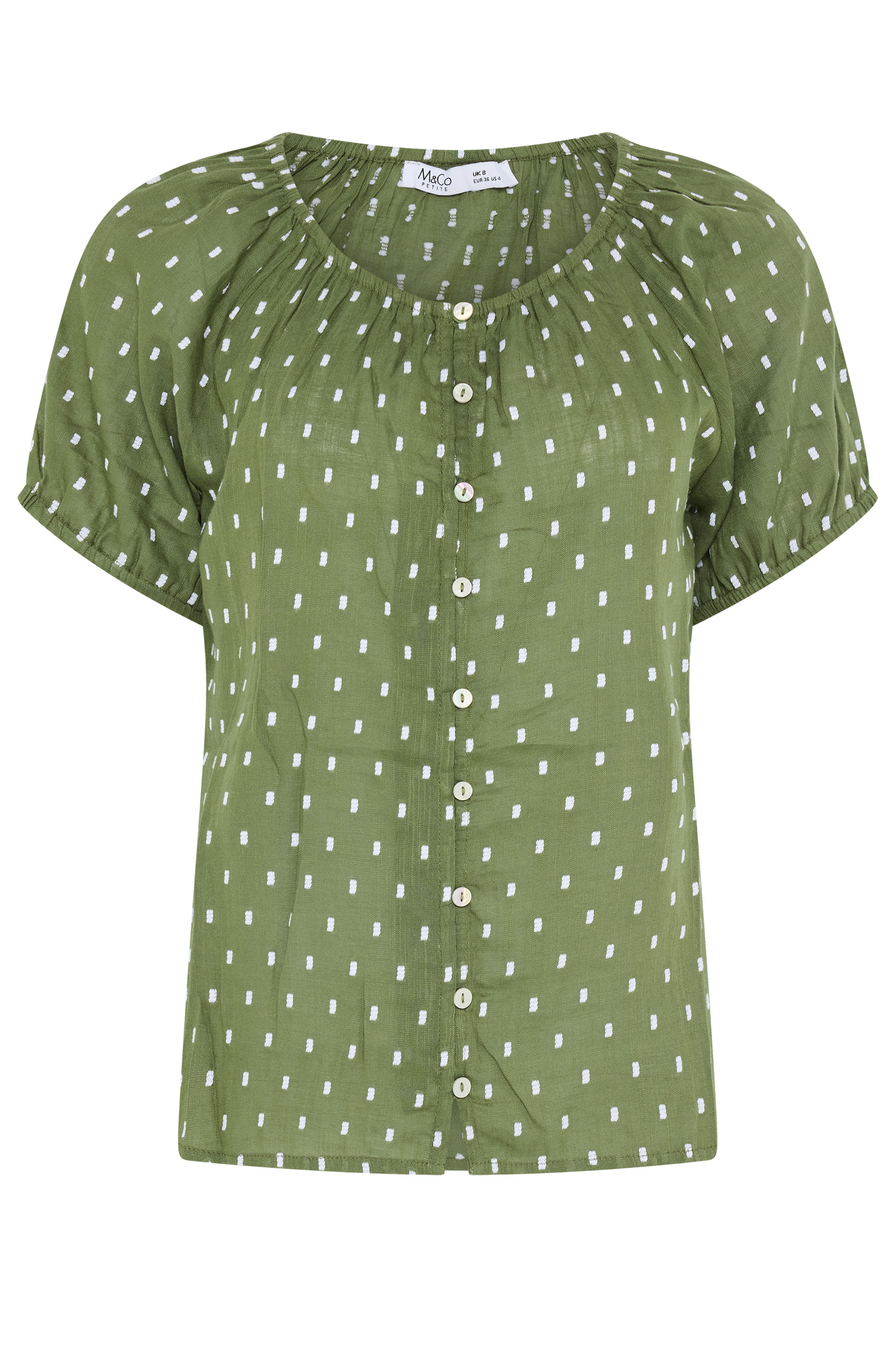 M&Co Petite Khaki Green Dobby Button Up Cotton Blouse | M&Co 1