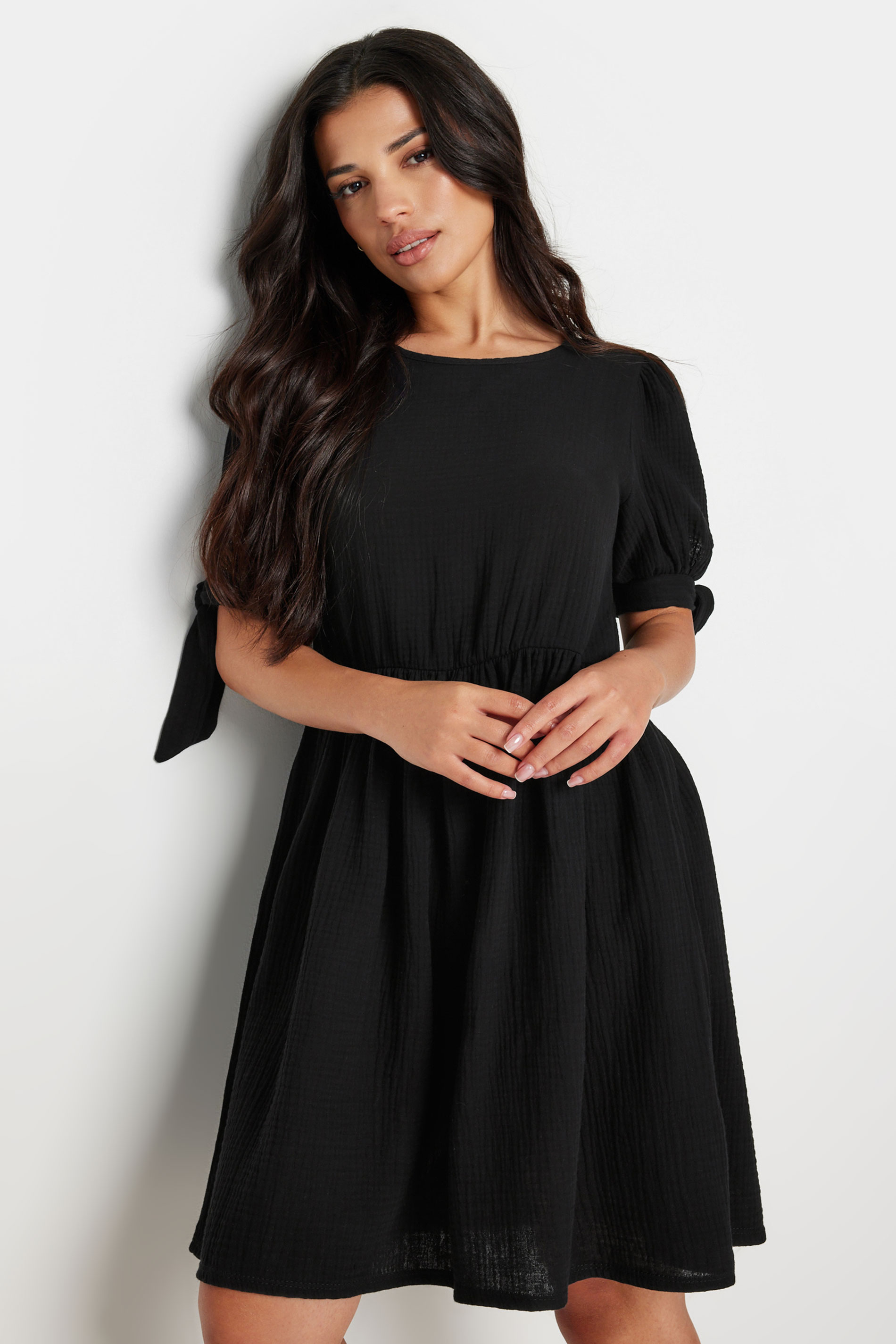 PixieGirl Petite Black Tie Sleeve Textured Smock Dress | PixieGirl 4