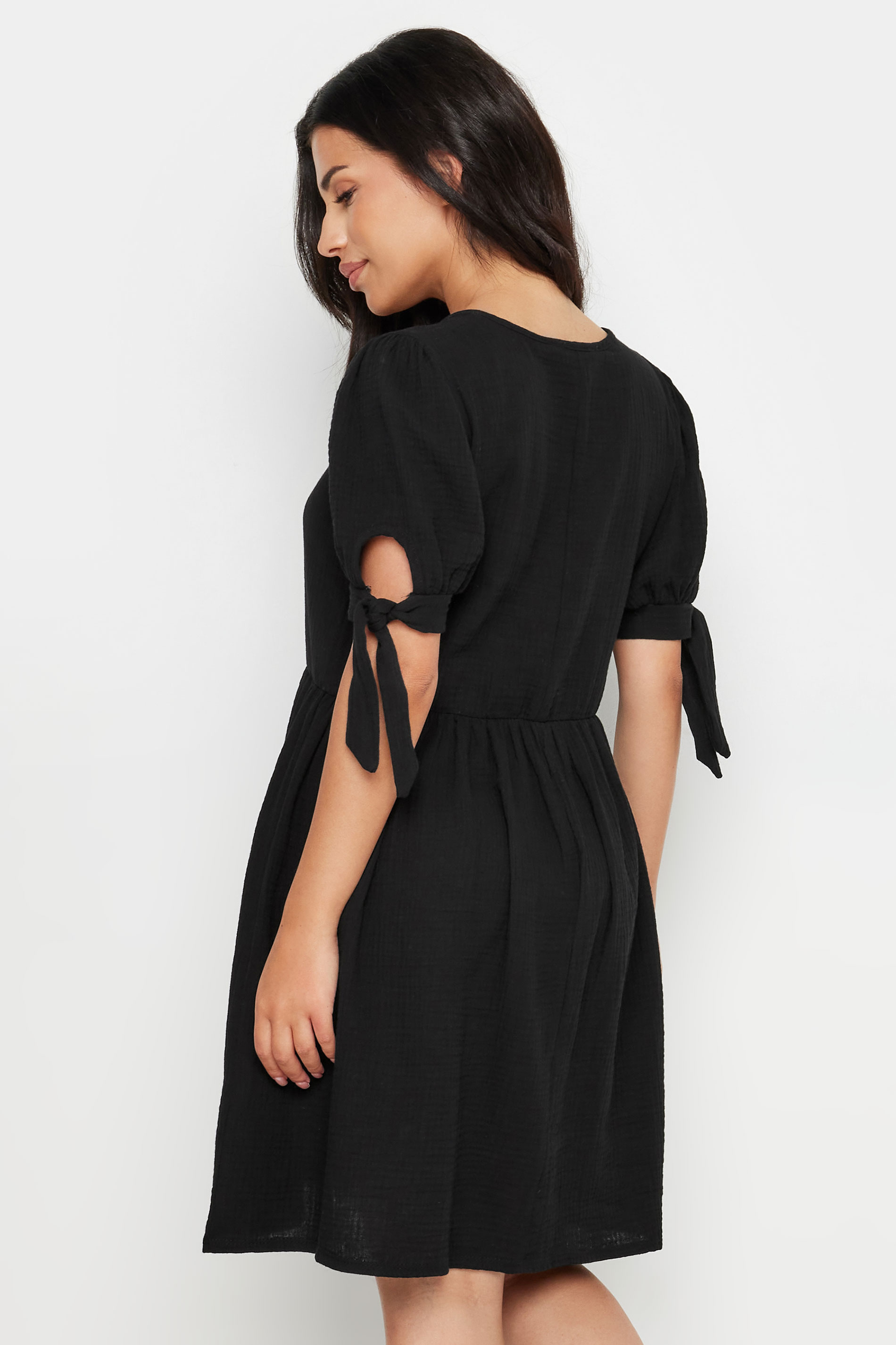 PixieGirl Petite Black Tie Sleeve Textured Smock Dress | PixieGirl 3
