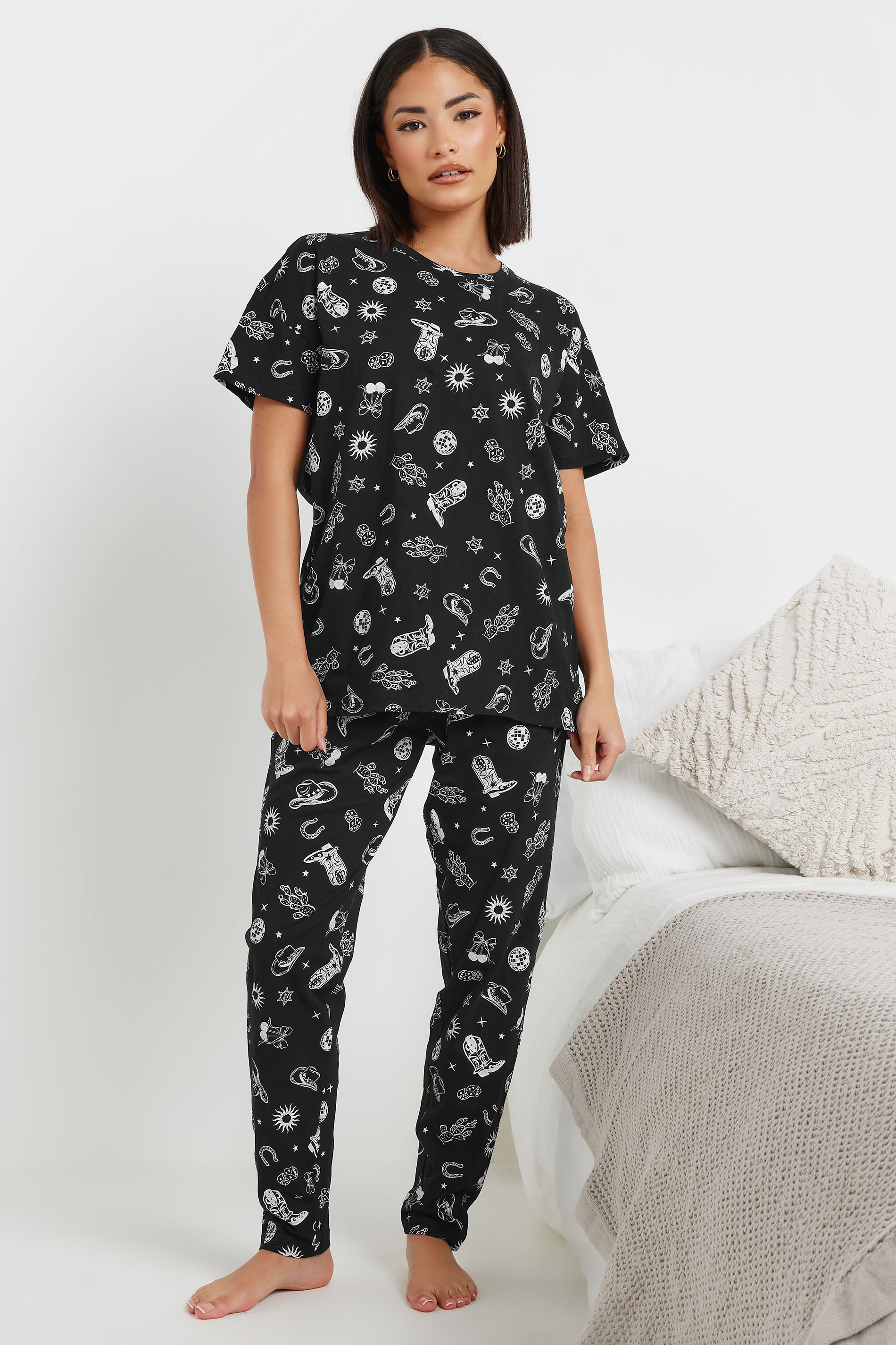 PixieGirl Petite Women's Black Cowboy Graphic Tapered Pyjama Set | PixieGirl 2