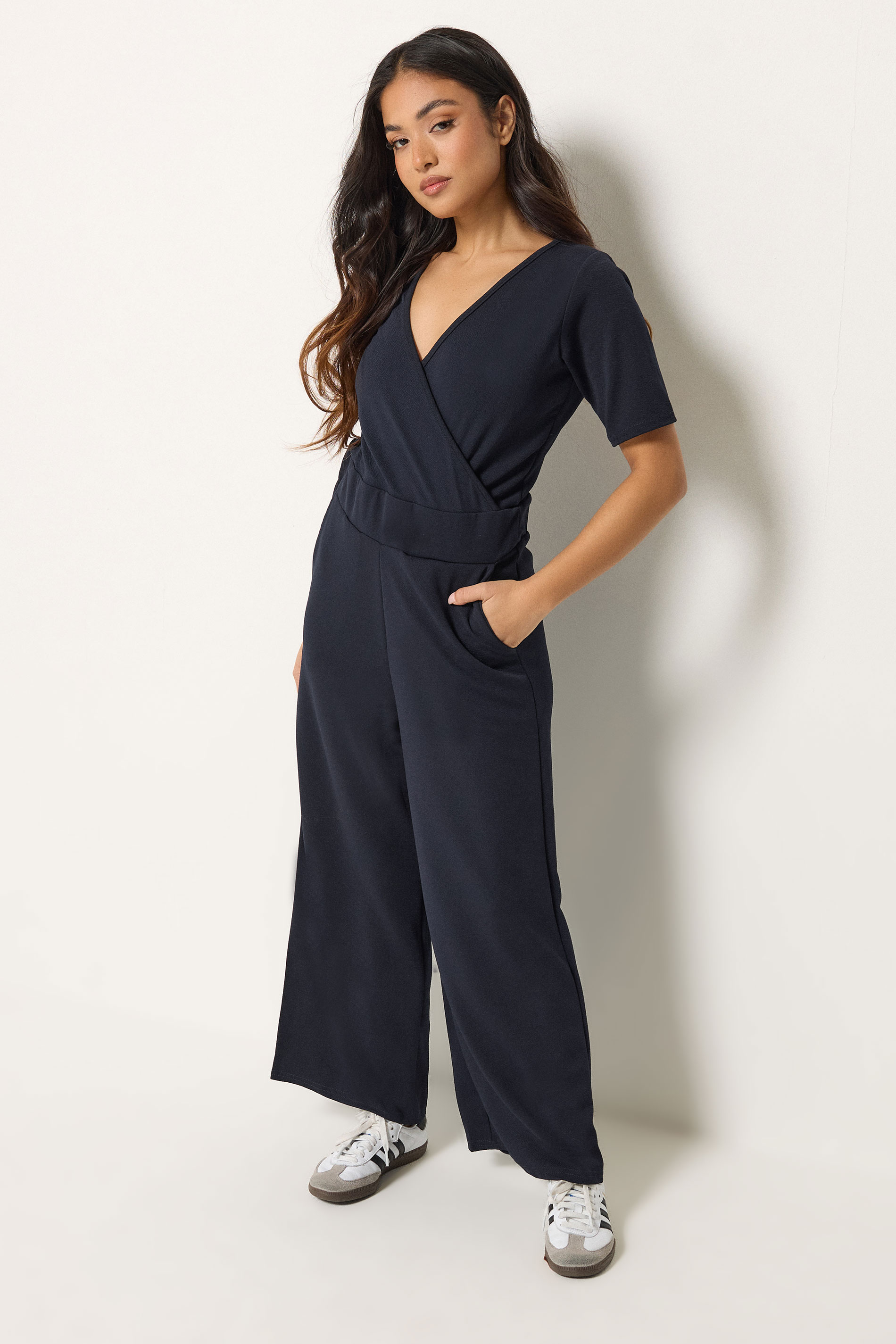 Pixiegirl Women's Blue Petite Navy Short Sleeve Wide Leg Jumpsuit Size 12
