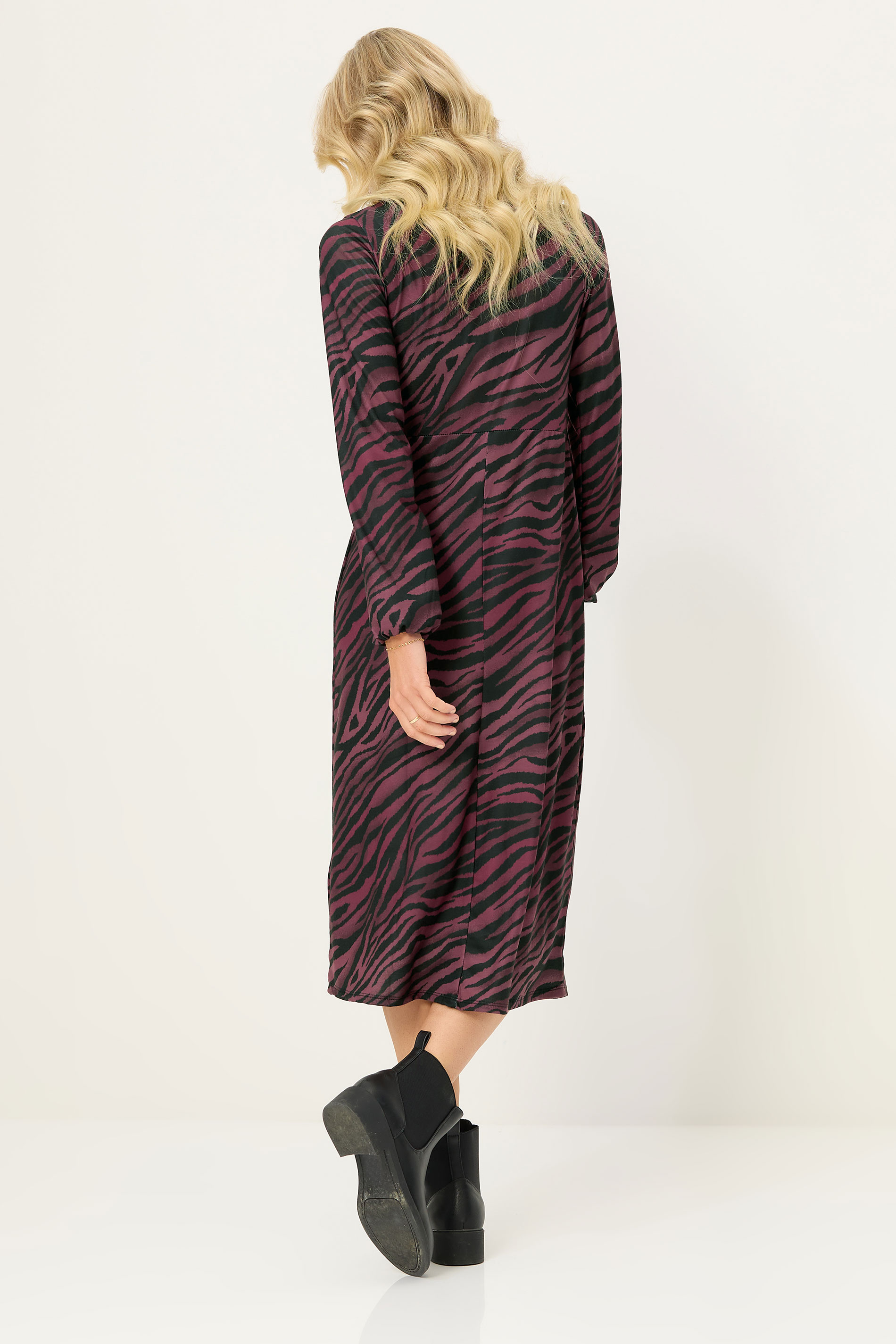 PixieGirl Petite Women's Burgundy Red Zebra Print Long Sleeve Midi Dress | PixieGirl 3