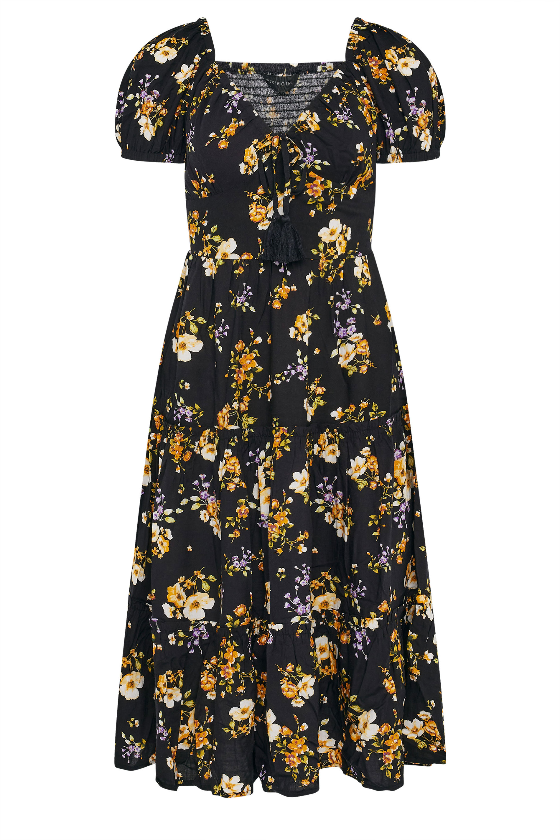 PixieGirl Petite Black Floral Print Milkmaid Midi Dress | PixieGirl 5