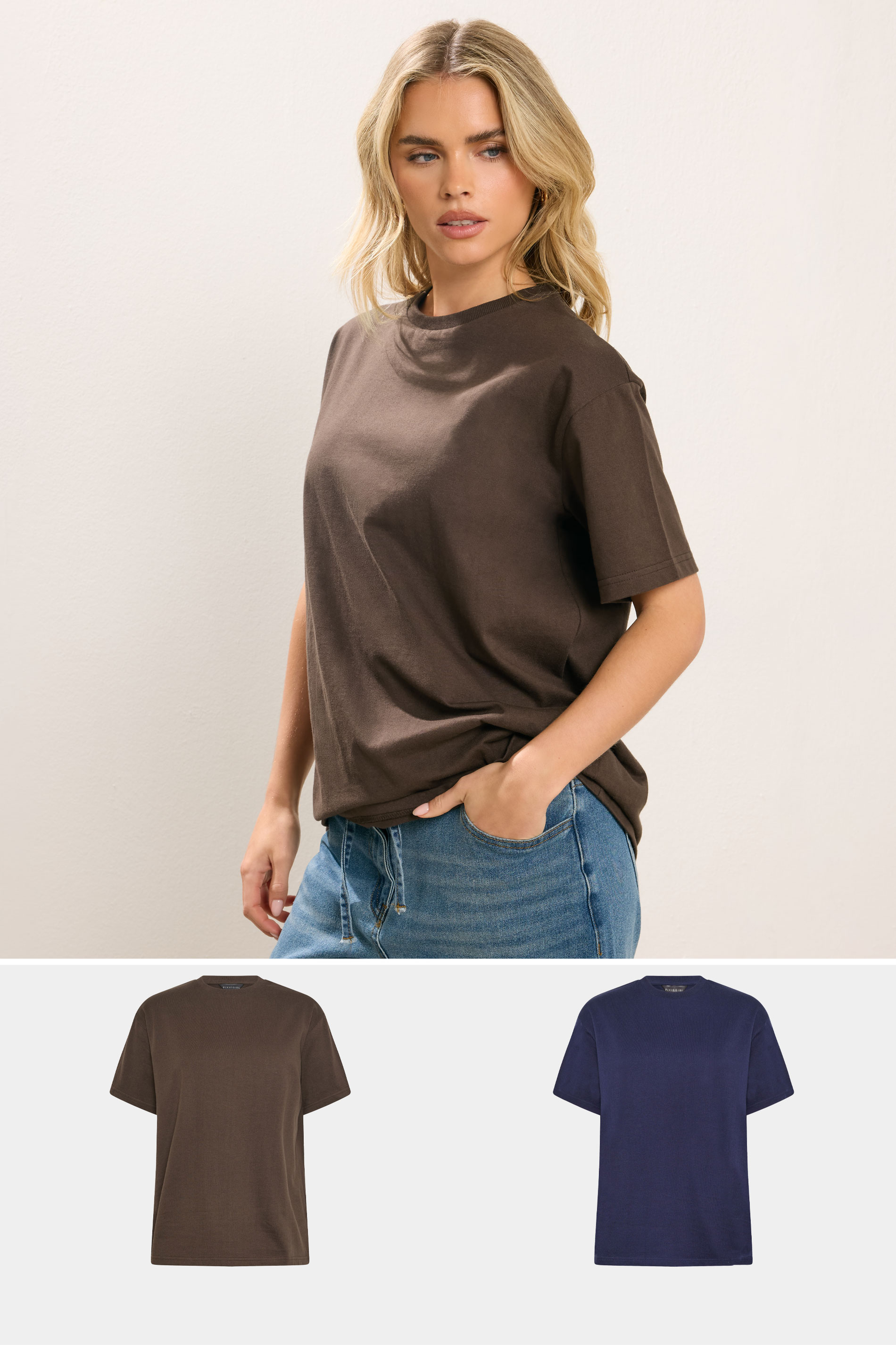 PixieGirl Petite Women's 2 PACK Chocolate Brown & Navy Blue Oversized T-Shirts | PixieGirl 1