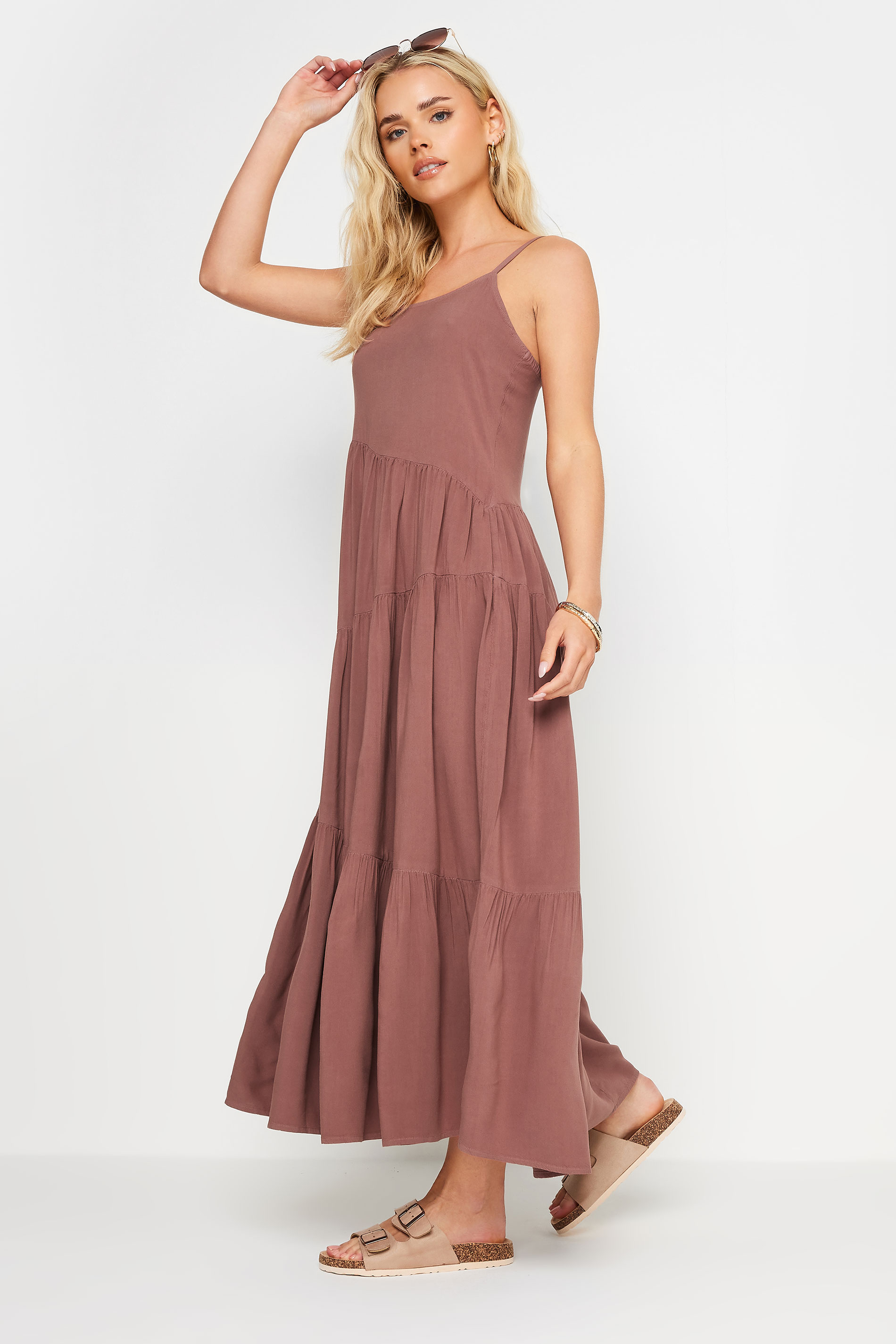 PixieGirl Petite Women's Brown Asymmetric Tiered Maxi Dress | PixieGirl 3