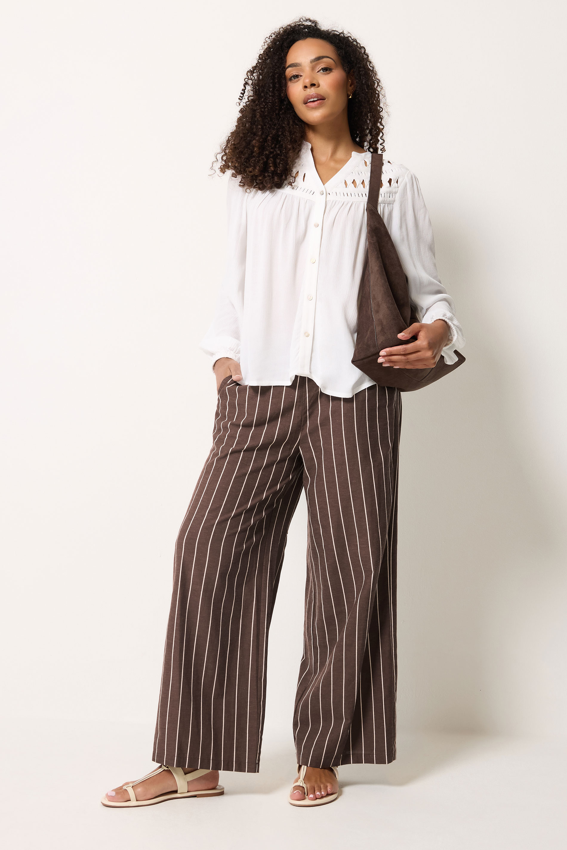 M&Co Chocolate Brown Stripe Wide Leg Trousers | M&Co 3