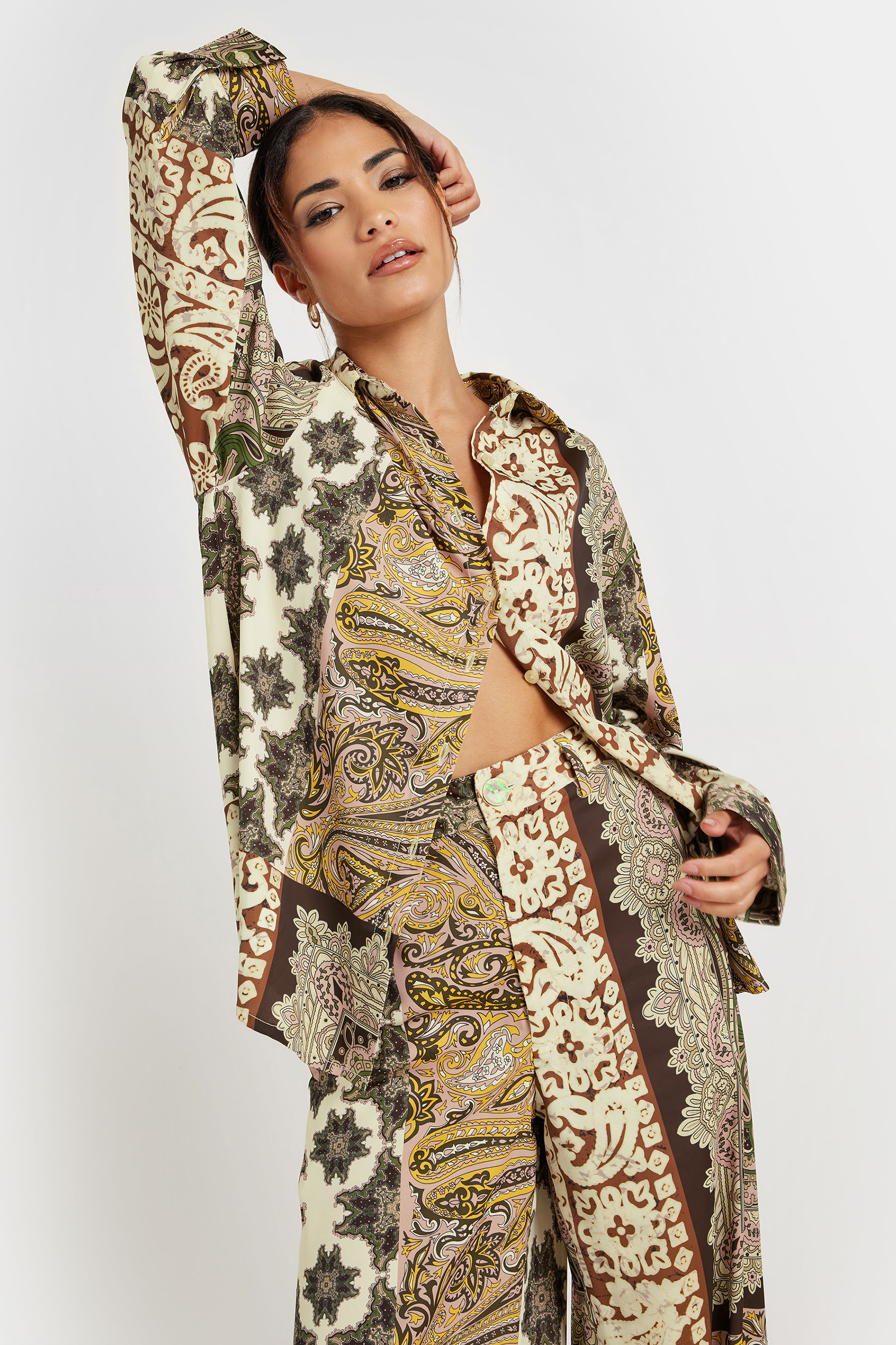 PixieGirl Petite Women's Beige Brown Patchwork Print Shirt | PixieGirl 4