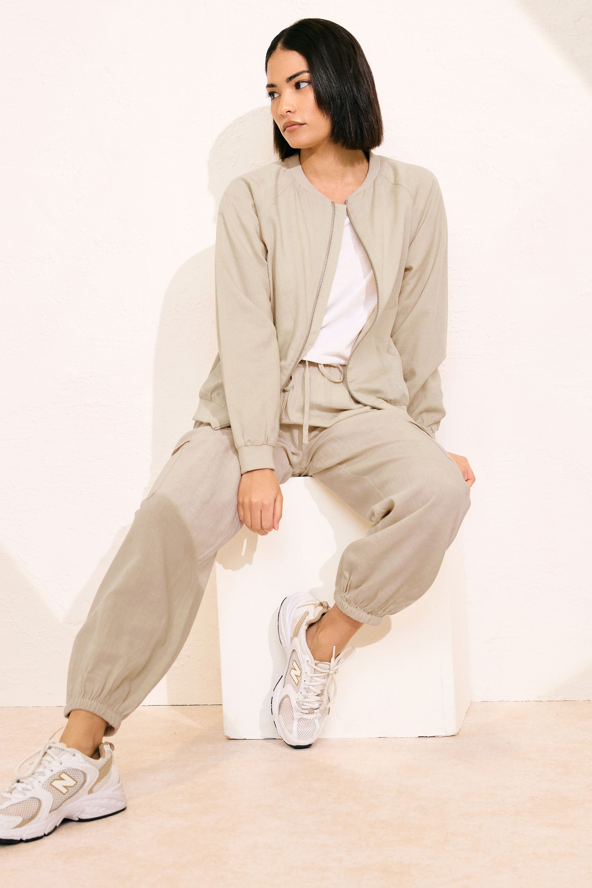 PixieGirl Petite Women's Stone Brown Linen Bomber Jacket | PixieGirl 2