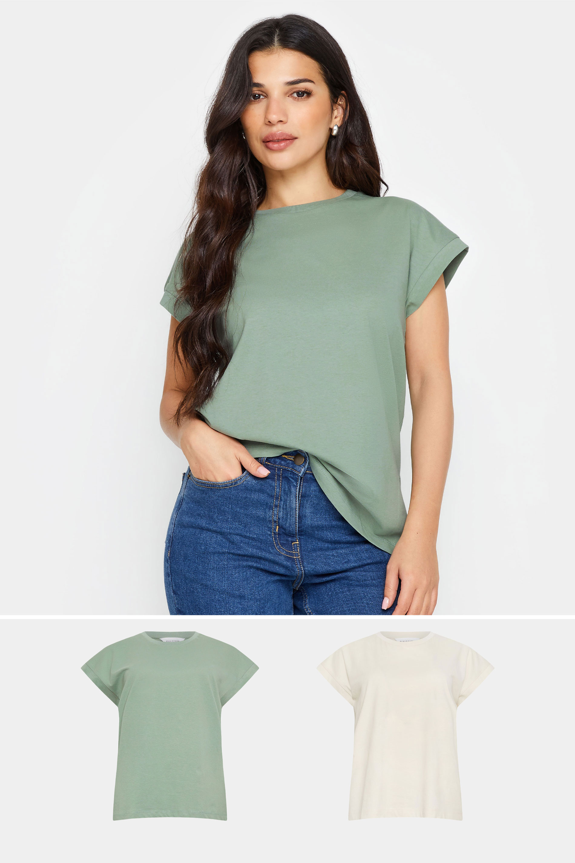 PixieGirl 2 PACK Petite Women's Sage Green & Cream Short Sleeve T-Shirts | PixieGirl 1