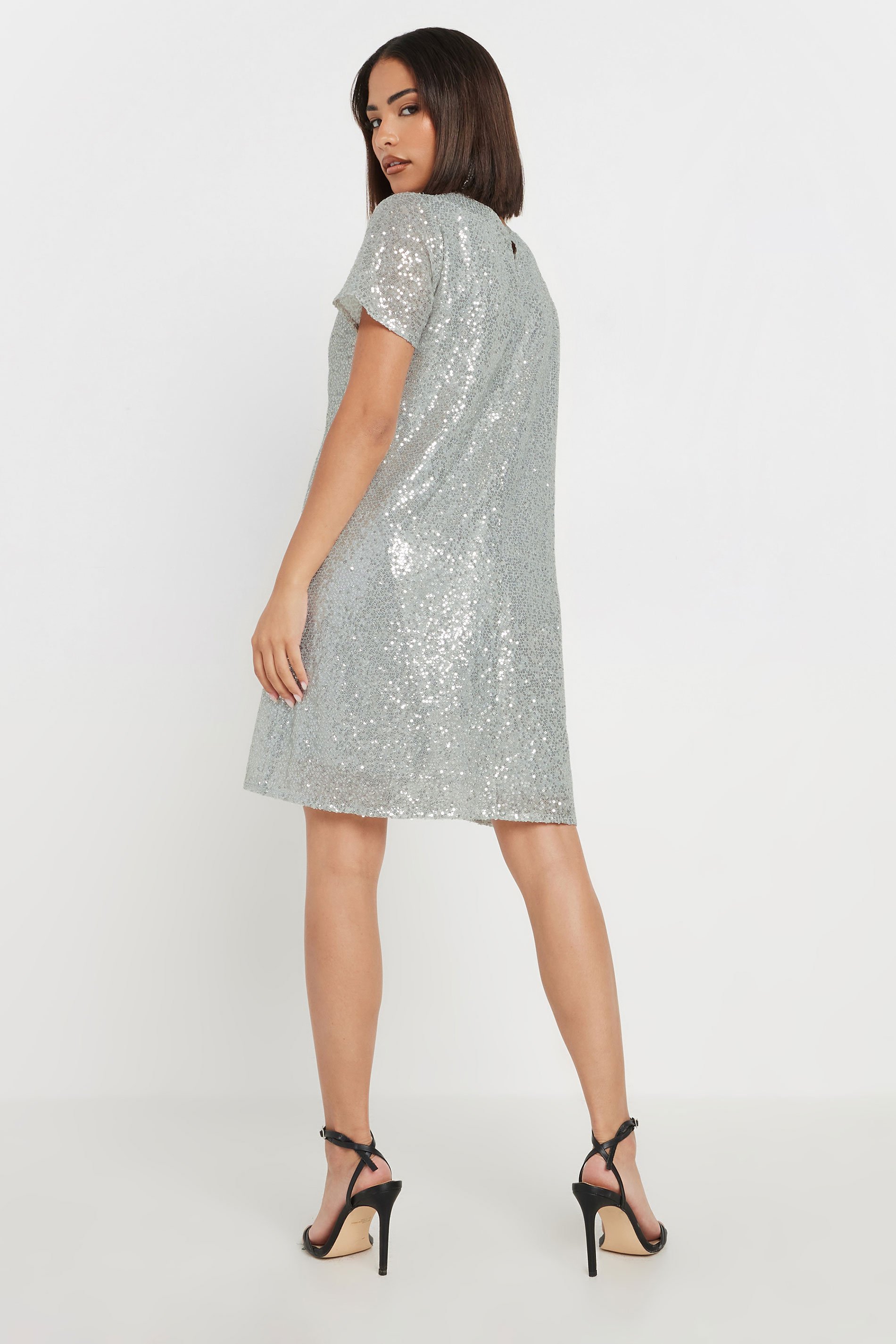 PixieGirl Petite Women's Silver Sequin Embellished T-Shirt Dress | PixieGirl 4
