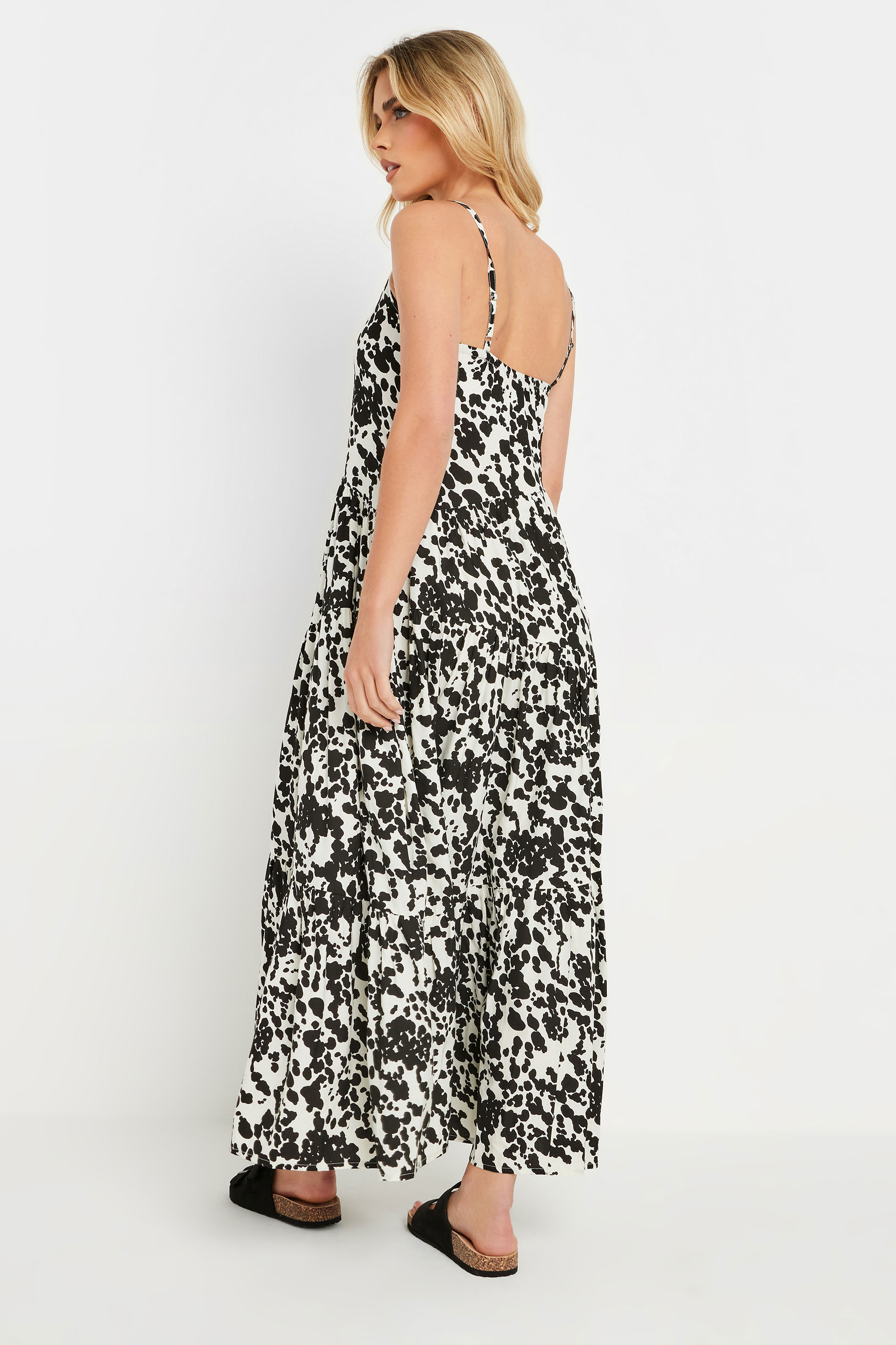 PixieGirl Petite Women's Black & White Cow Print Asymmetric Tiered Dress | PixieGirl 5