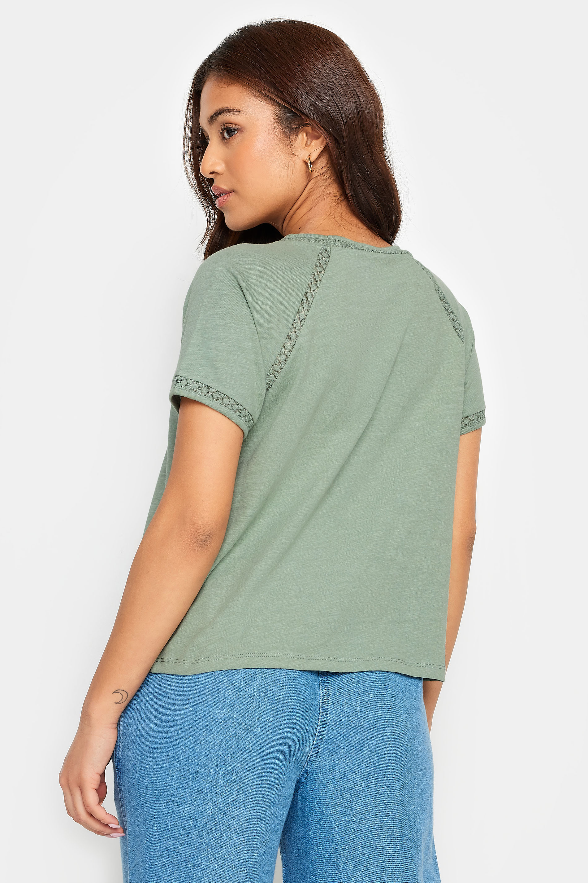 PixieGirl Petite Women's Sage Green Crochet Detail T-Shirt | PixieGirl 3