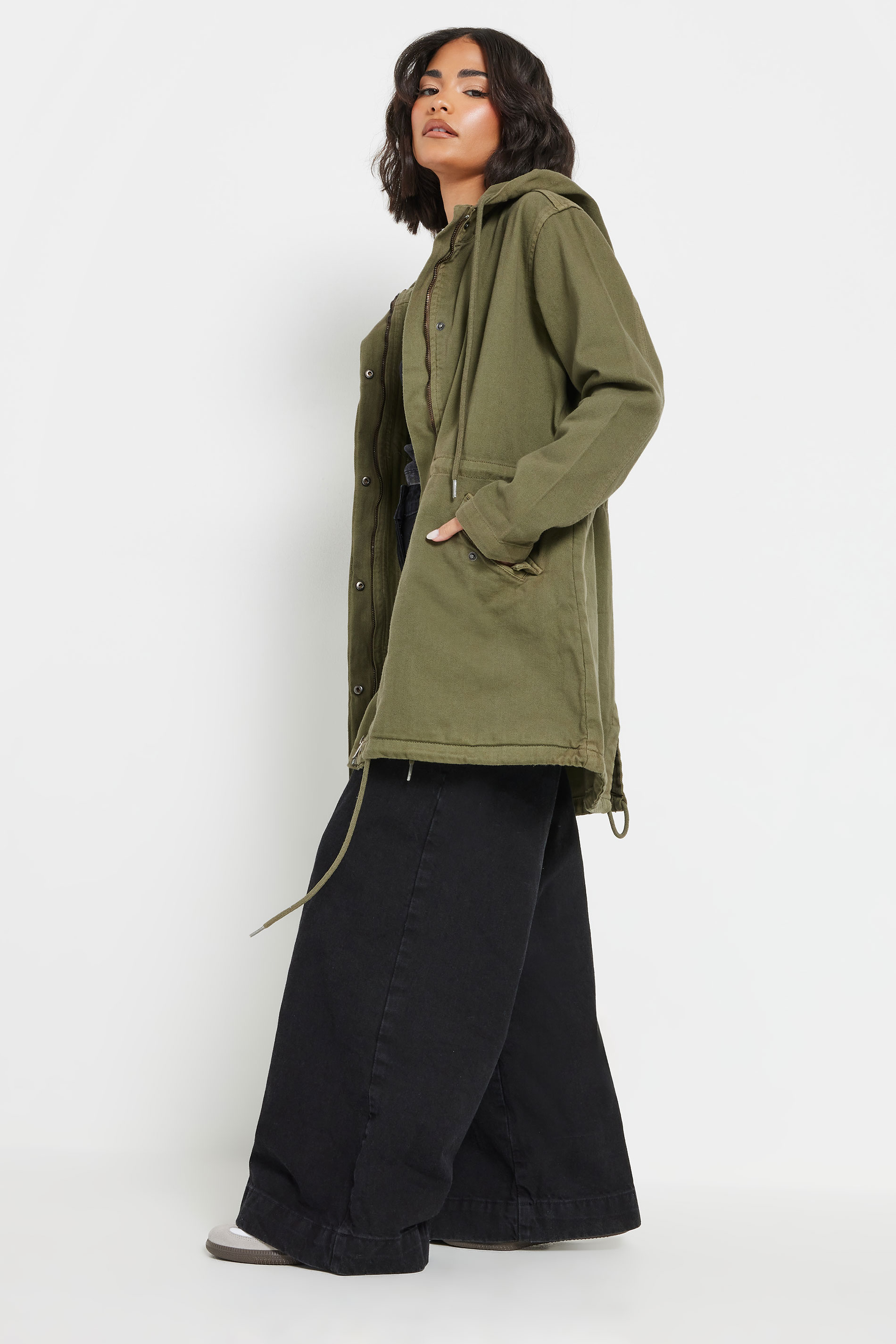 PixieGirl Petite Women's Khaki Green Twill Parka Coat | PixieGirl 3
