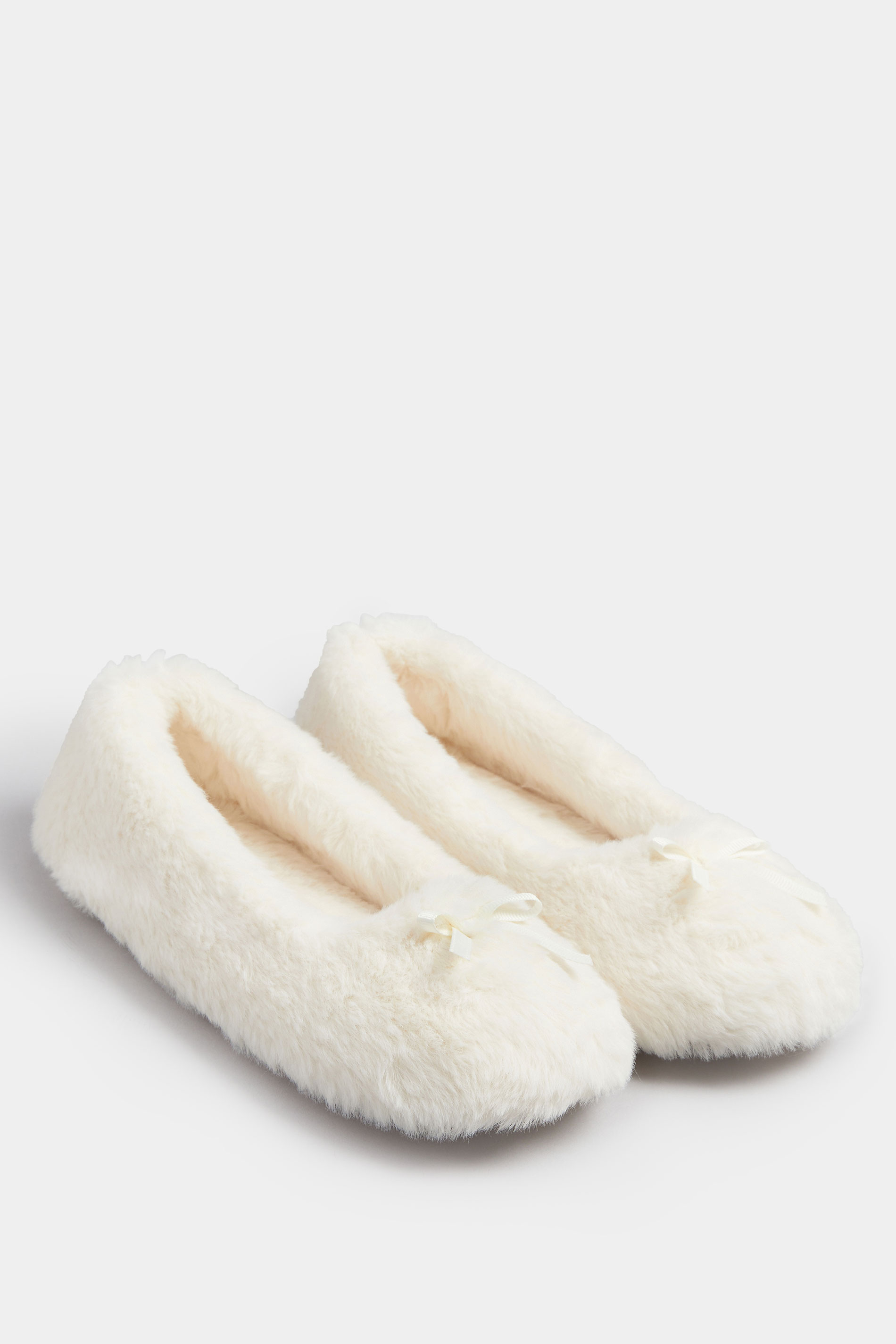 Cream Plush Bow Front Ballet Slippers | Yours Clothing 2