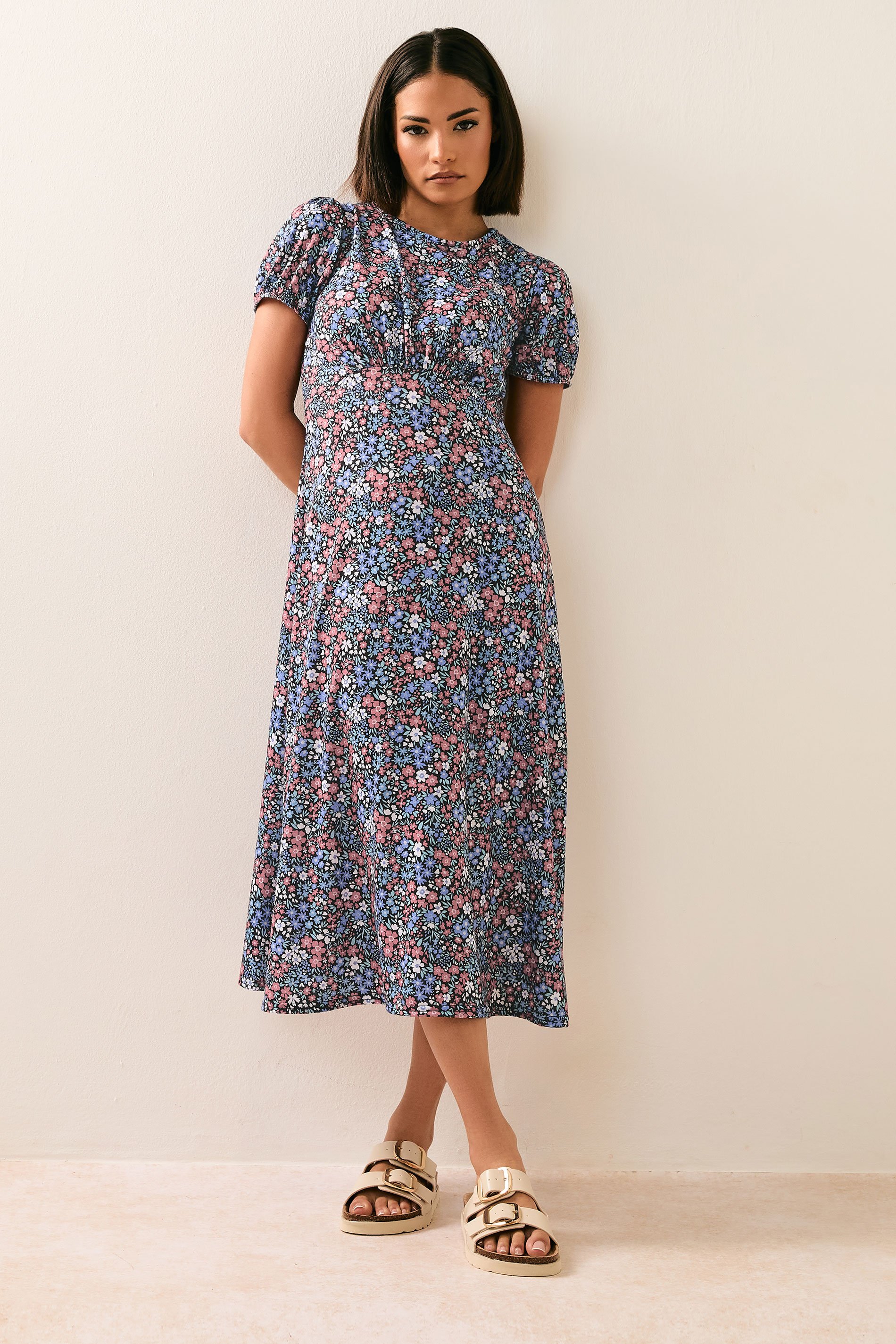 PixieGirl Petite Women's Blue Ditsy Floral Tea Dress | PixieGirl 1