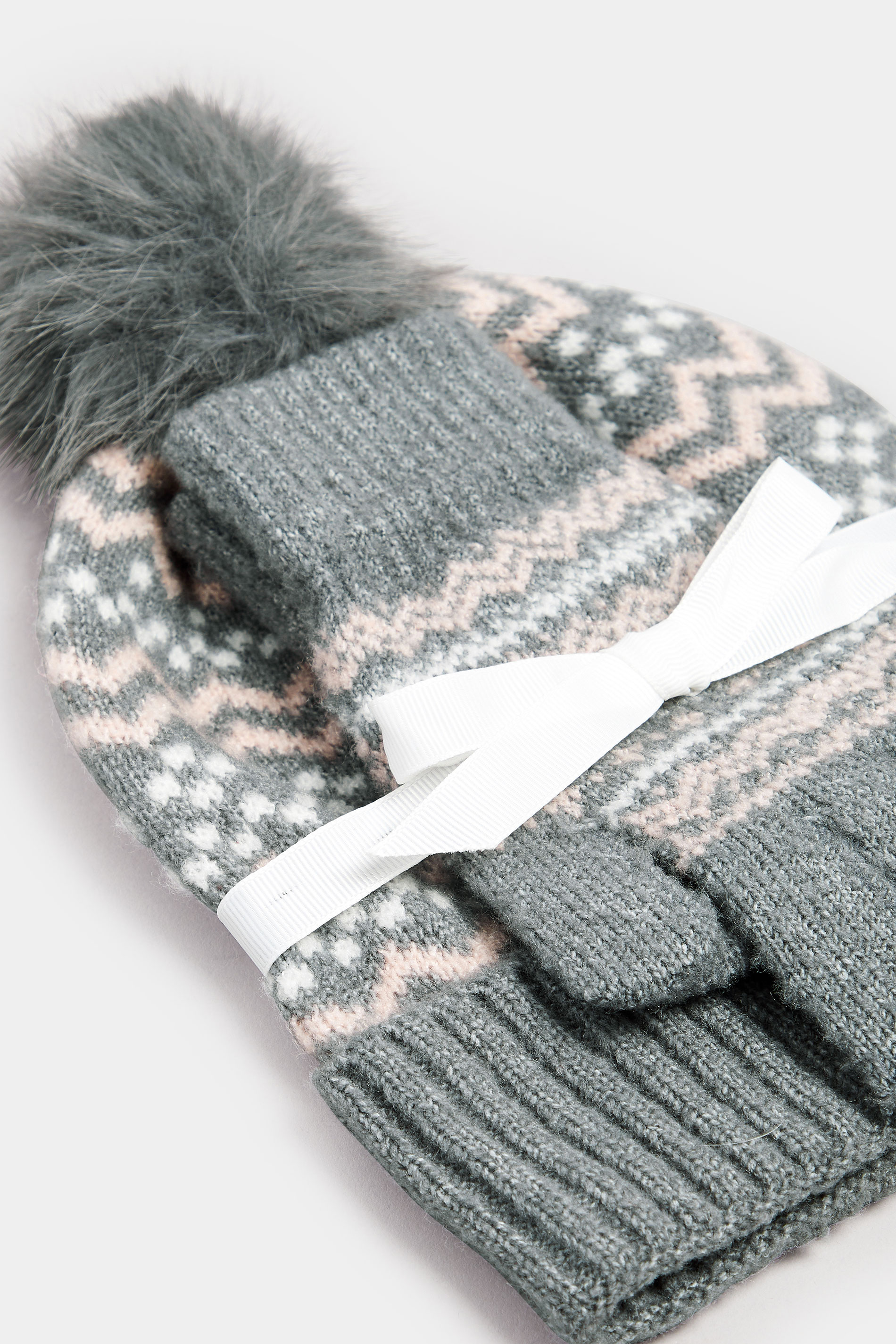 Grey Fairisle Bobble Hat & Glove Set | Yours Clothing  3