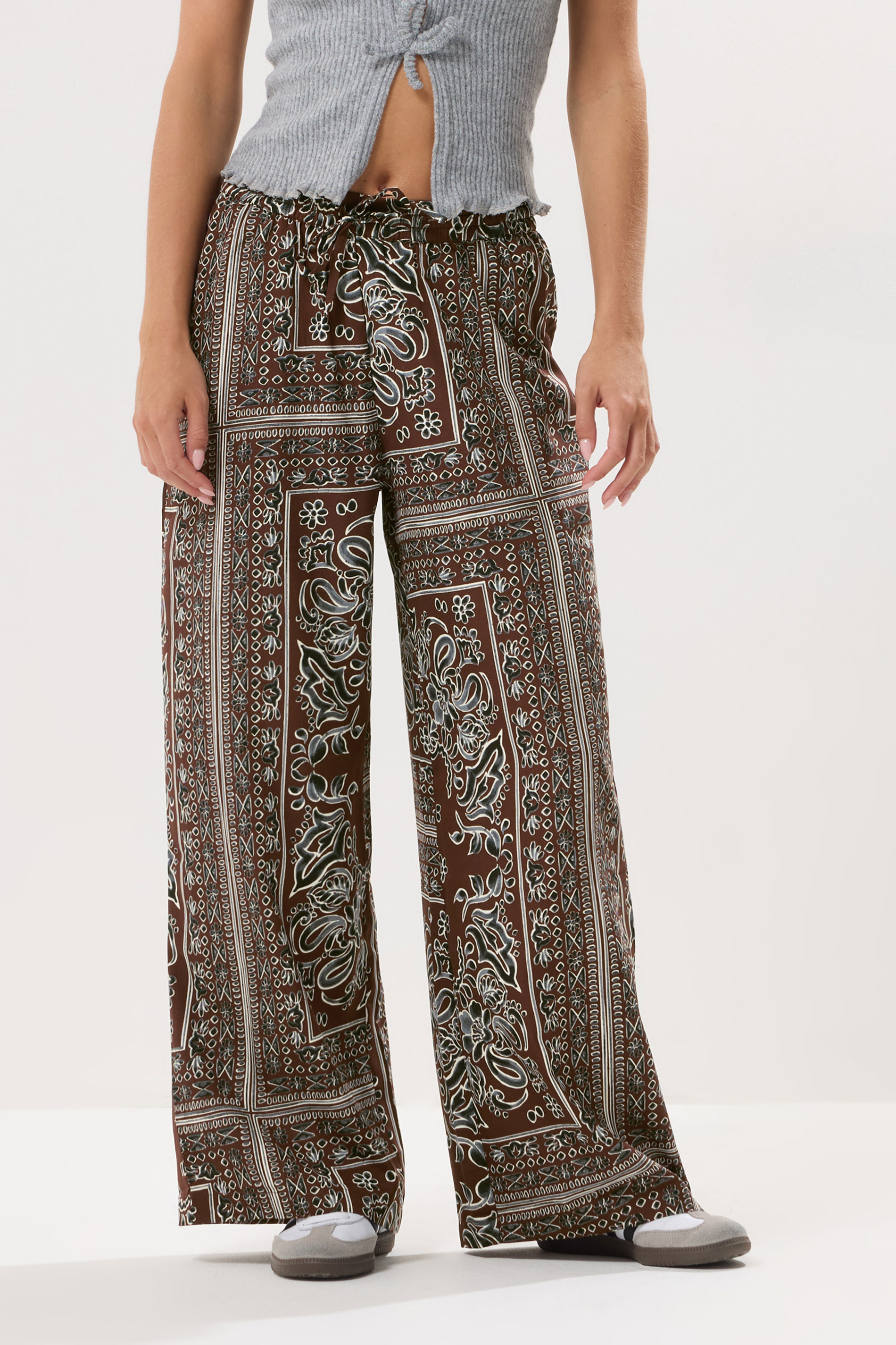 PixieGirl Petite Women's Brown Paisley Tie Waist Trousers | PixieGirl 2