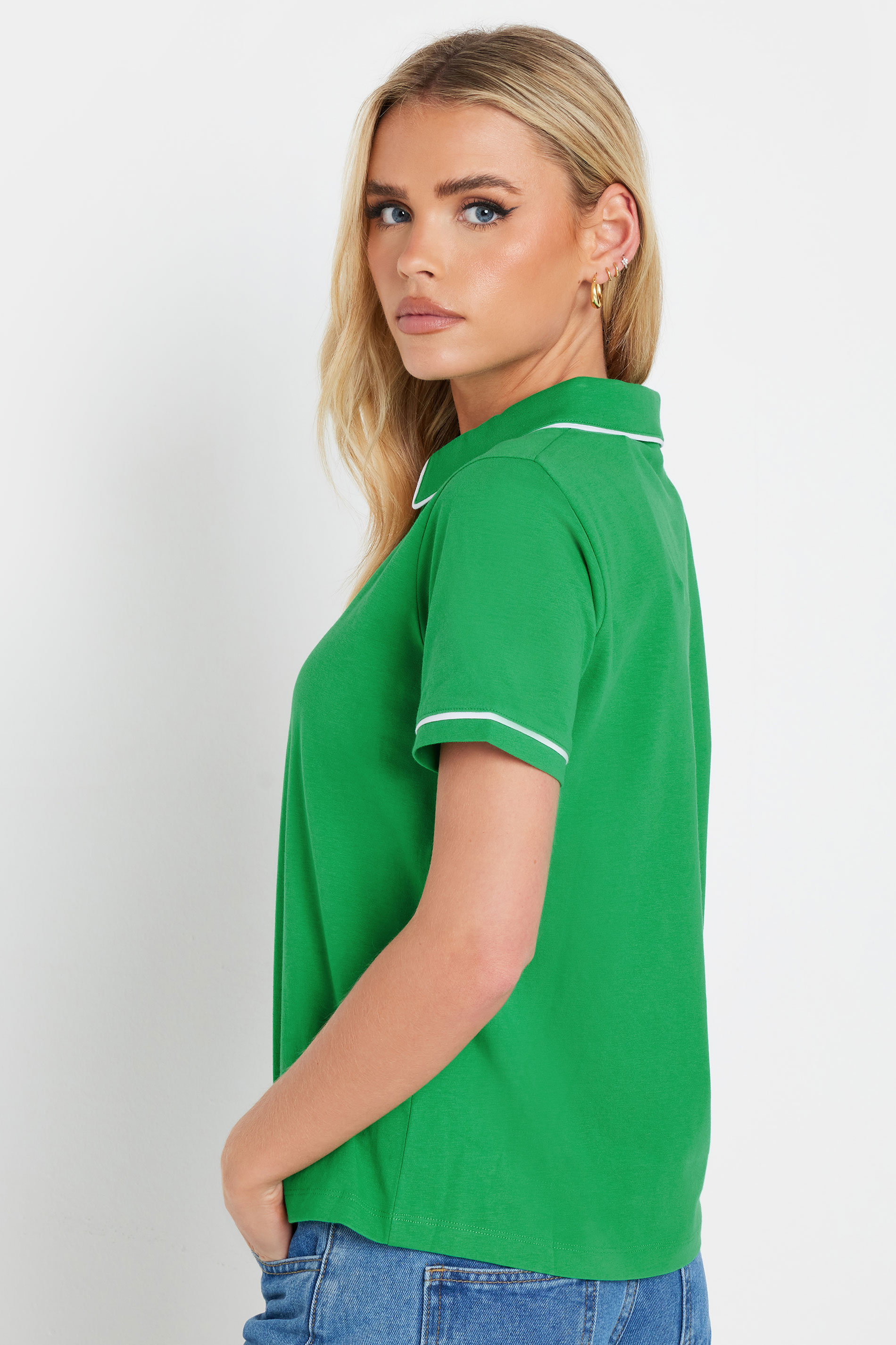 PixieGirl Petite Women's Green Contrast Trim Polo Shirt | PixieGirl 3