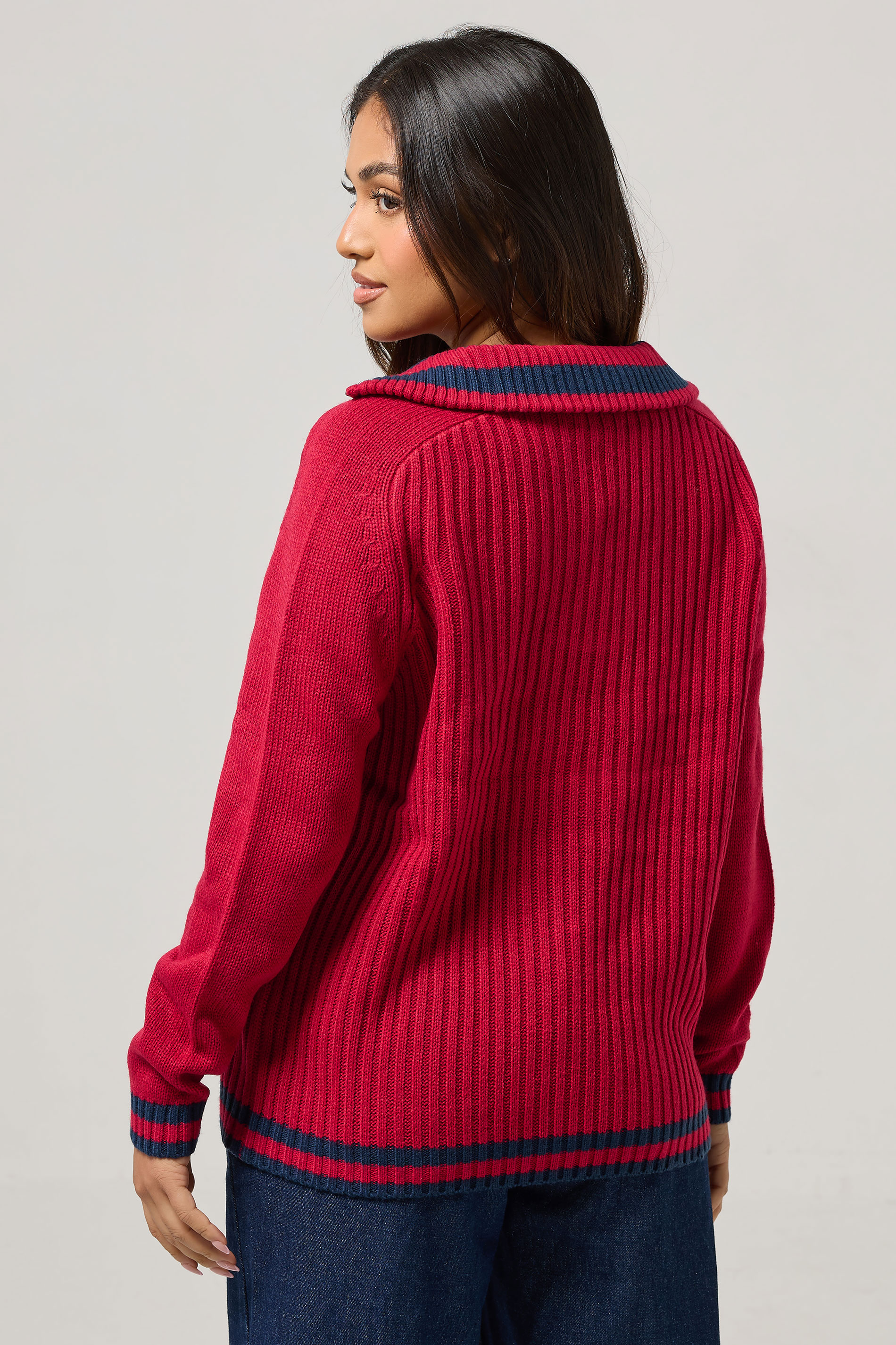 PixieGirl Petite Women's Red Knitted Stripe Quarter Zip Jumper | PixieGirl 4