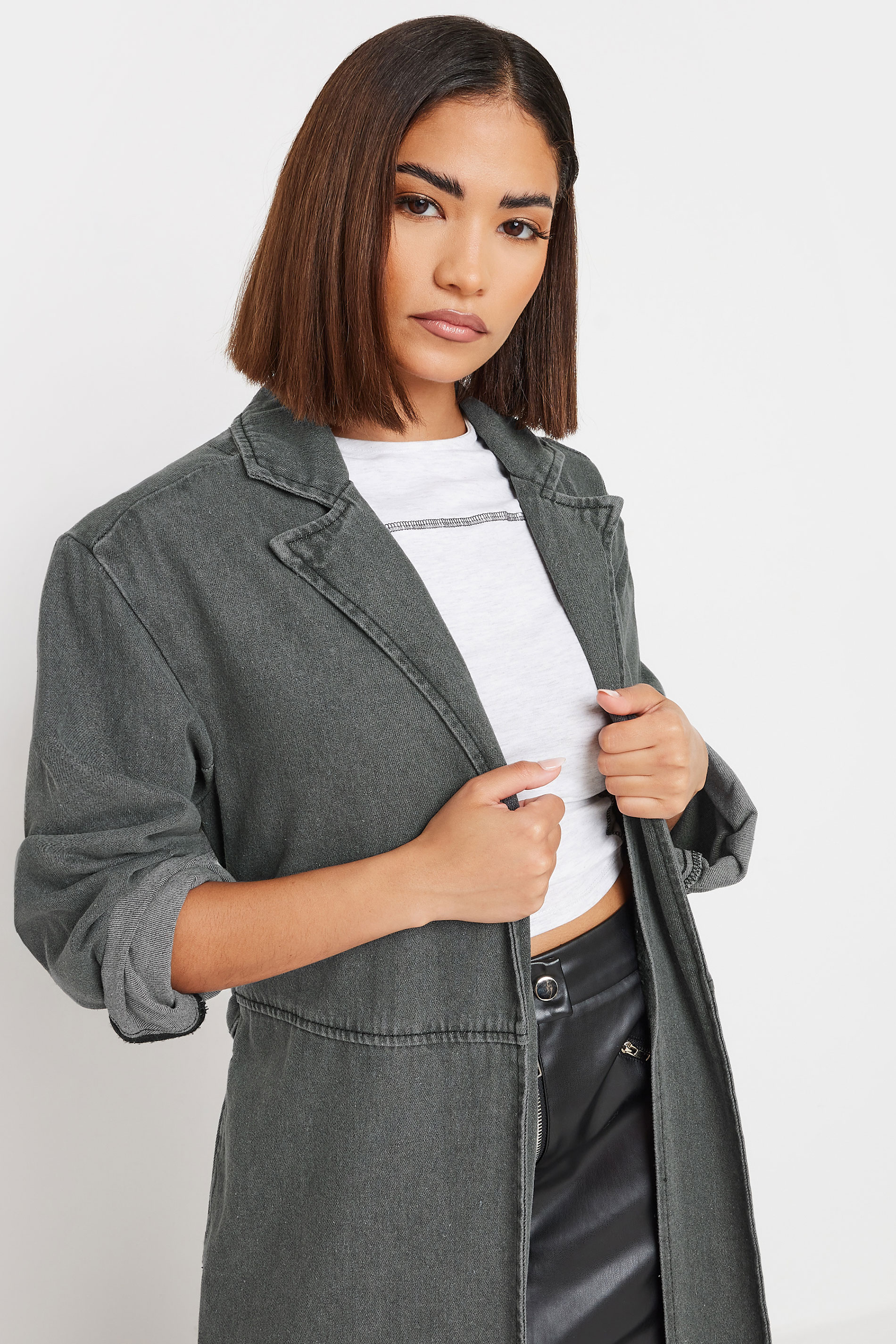 PixieGirl Petite Women's Grey Wash Denim Longline Trench Coat | PixieGirl 5