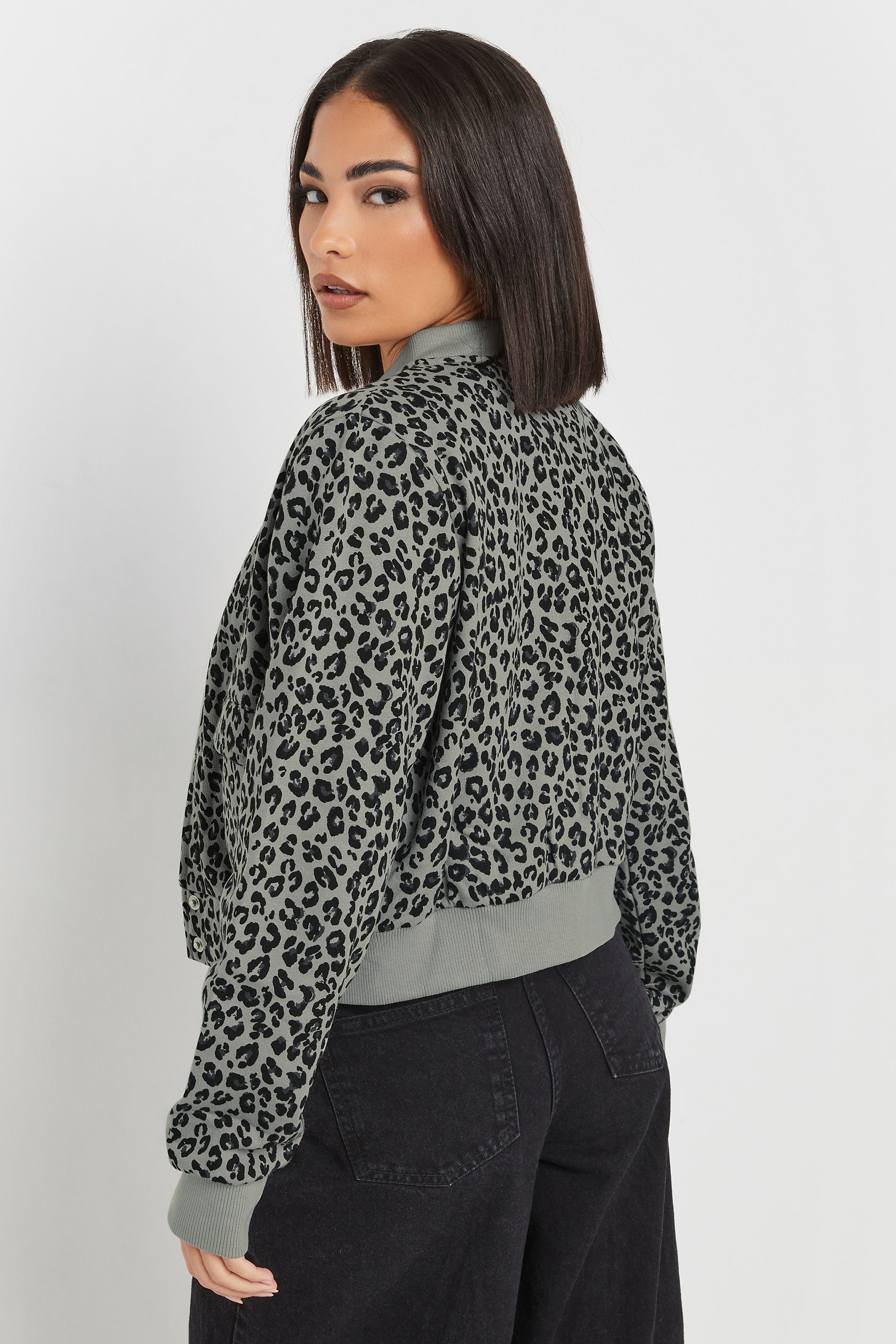 PixieGirl Grey Leopard Print Cropped Bomber Jacket | PixieGirl 4