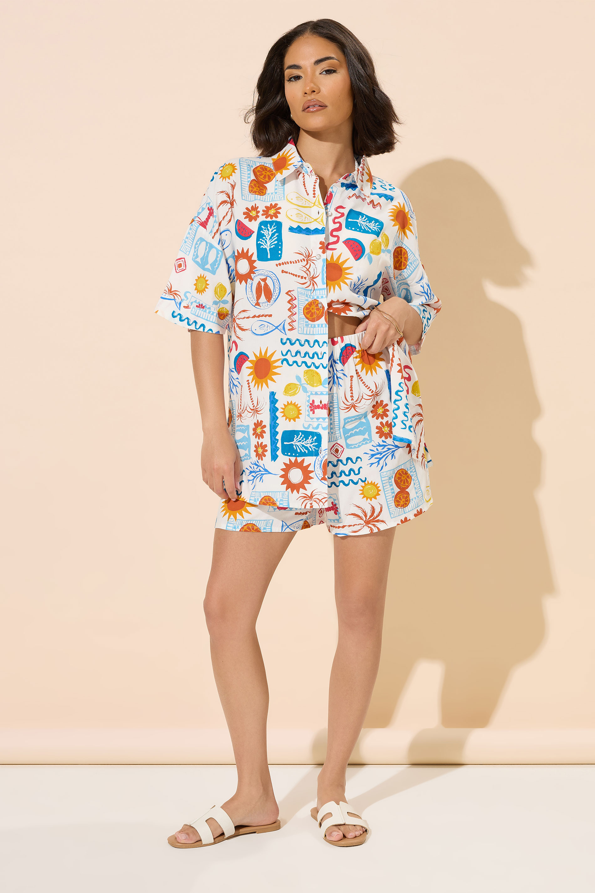 PixieGirl Petite Women's White Postcard Graphic Short Sleeve Shirt | PixieGirl 2