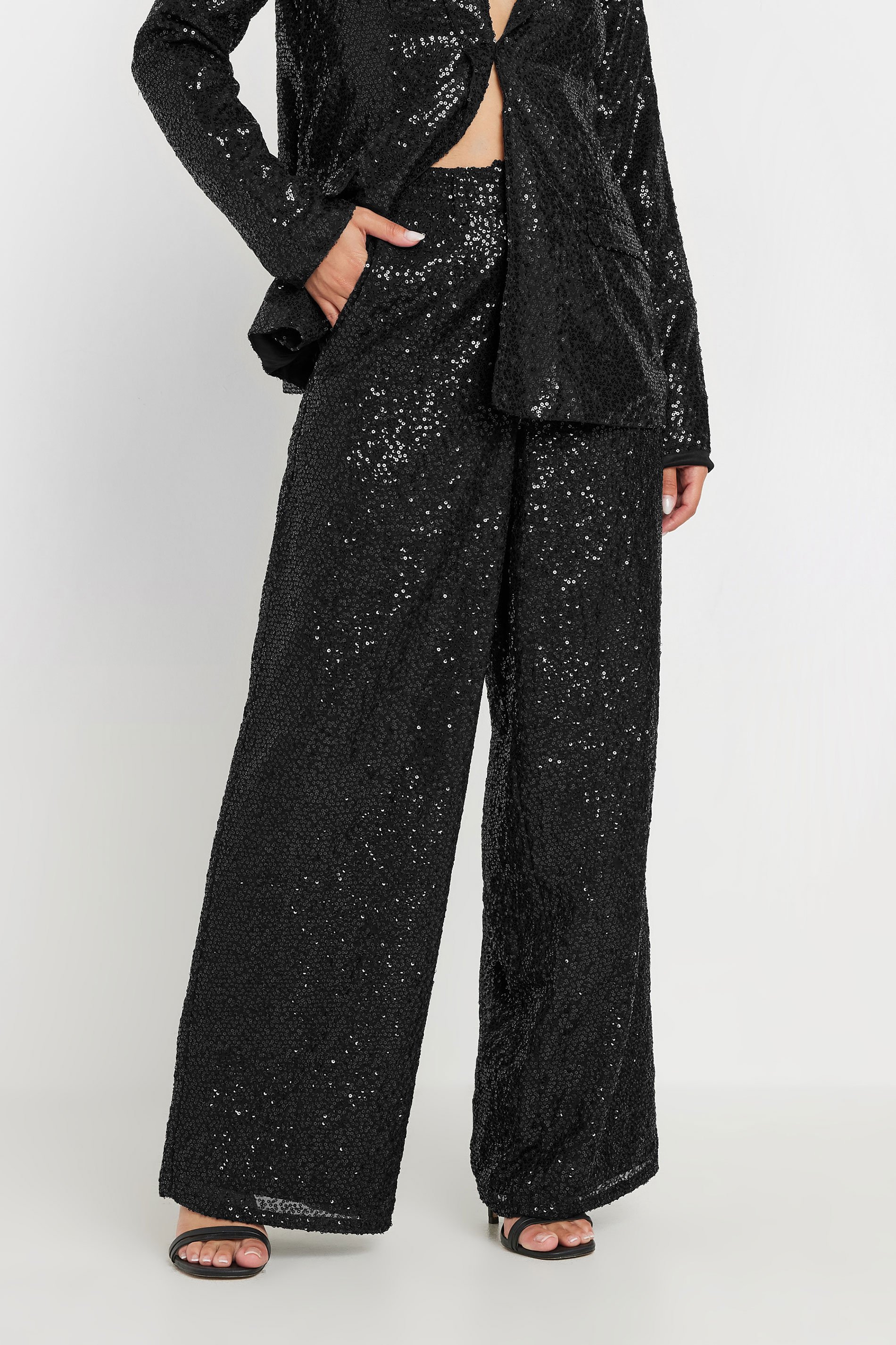 PixieGirl Petite Women's Black Sequin Embellished Wide Leg Trousers | PixieGirl 4