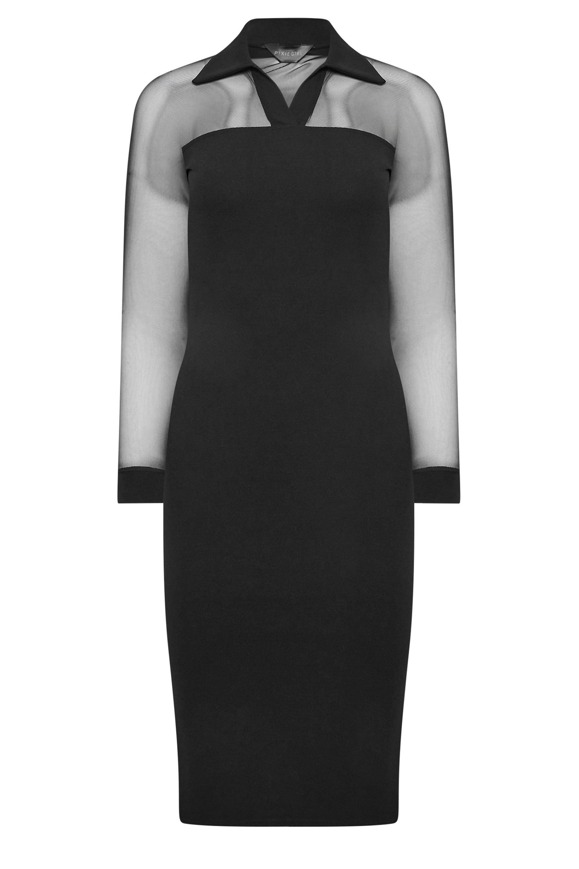 PixieGirl Petite Women's Black Mesh Collared Midi Dress | PixieGirl 5